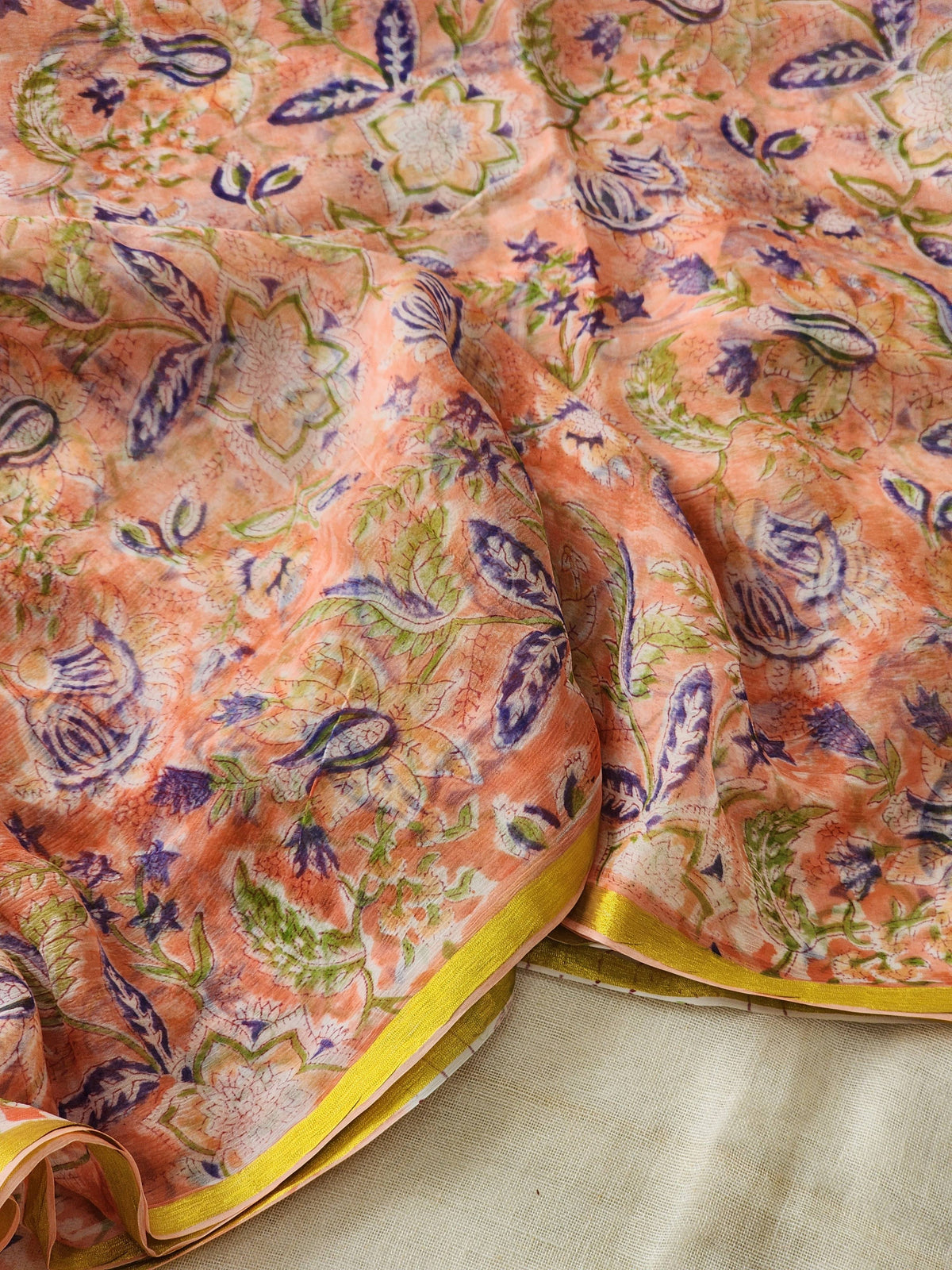 Peach Chiffon Handblock Saree