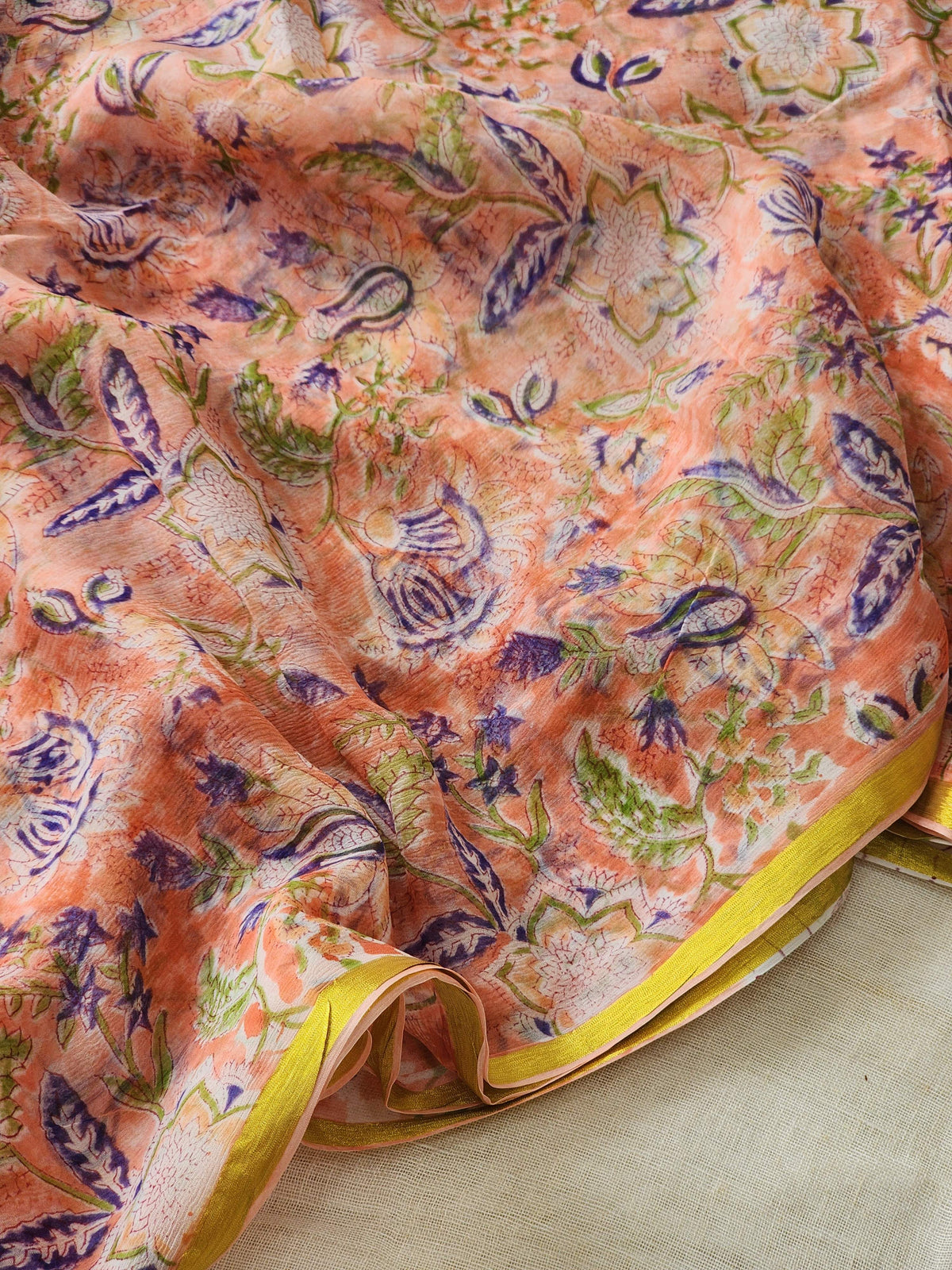 Peach Chiffon Handblock Saree
