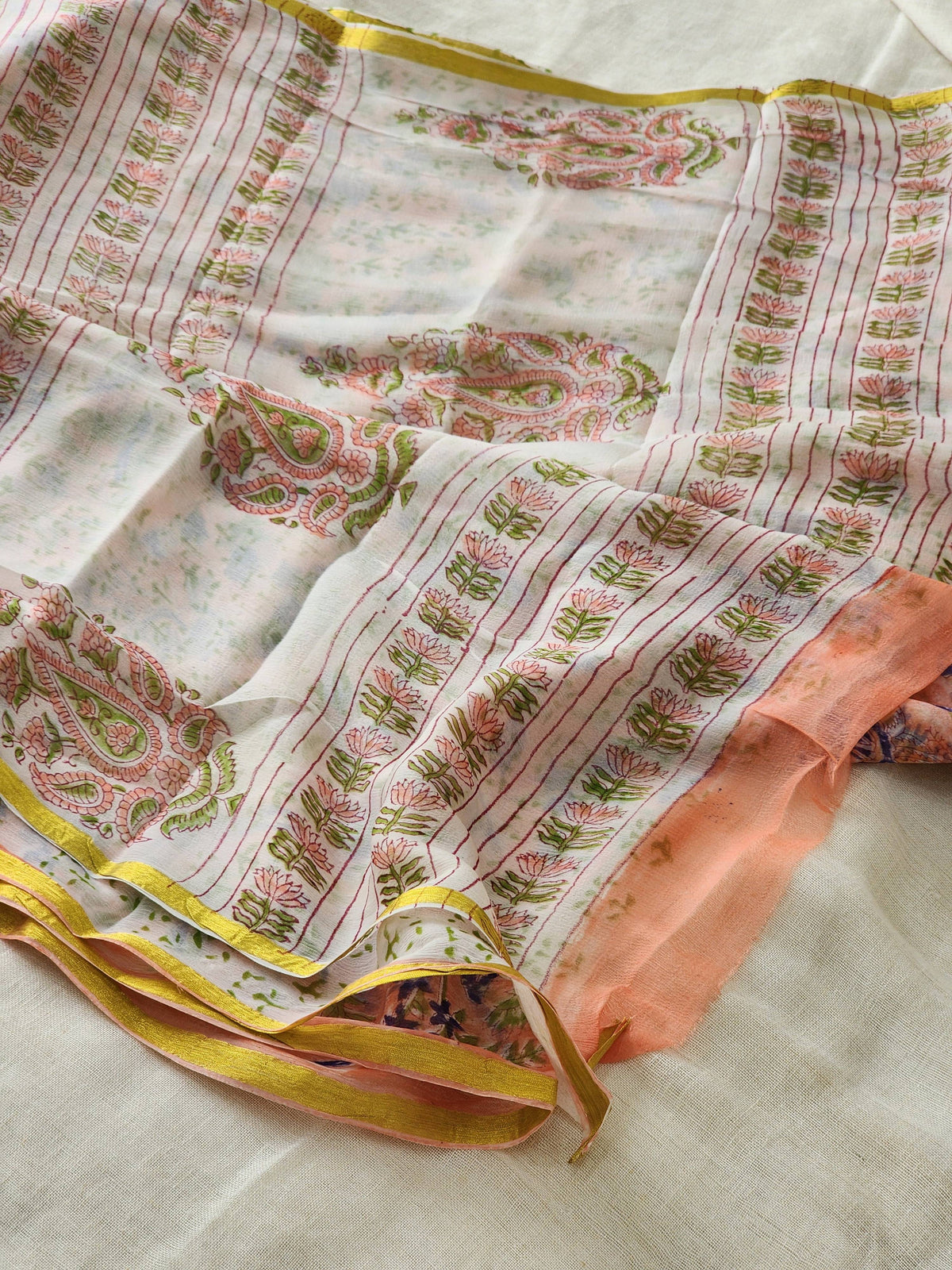 Peach Chiffon Handblock Saree