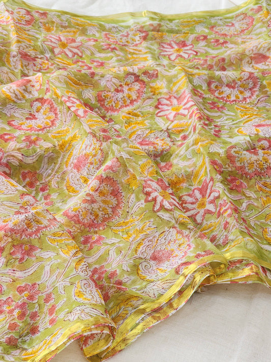 Green Chiffon Handblock Saree
