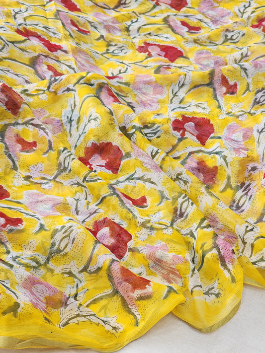 Yellow Chiffon Handblock Saree