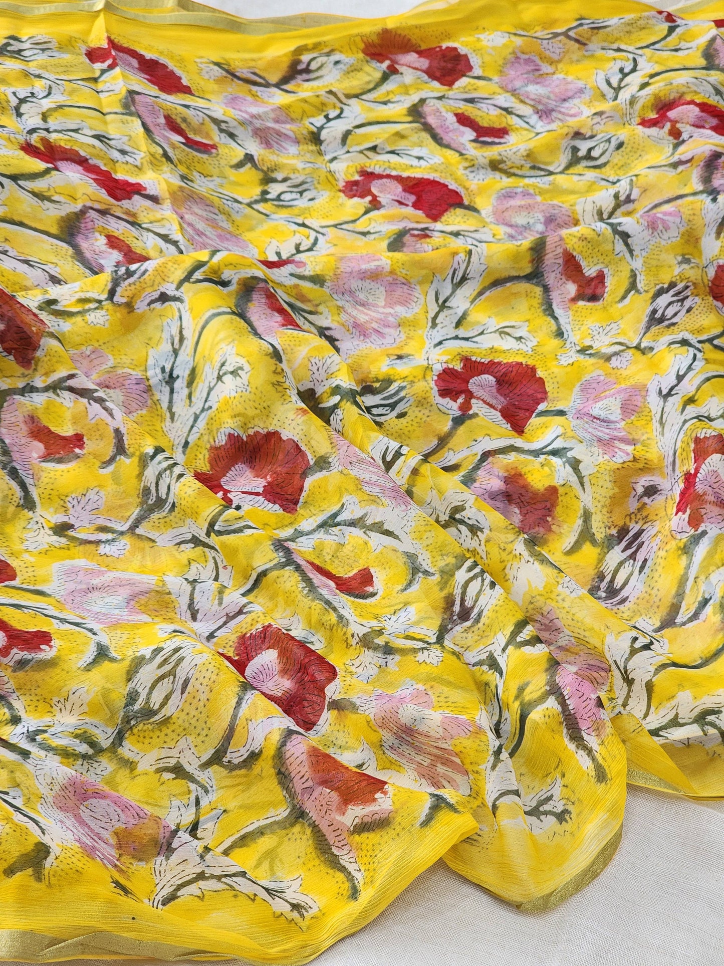 Yellow Chiffon Handblock Saree