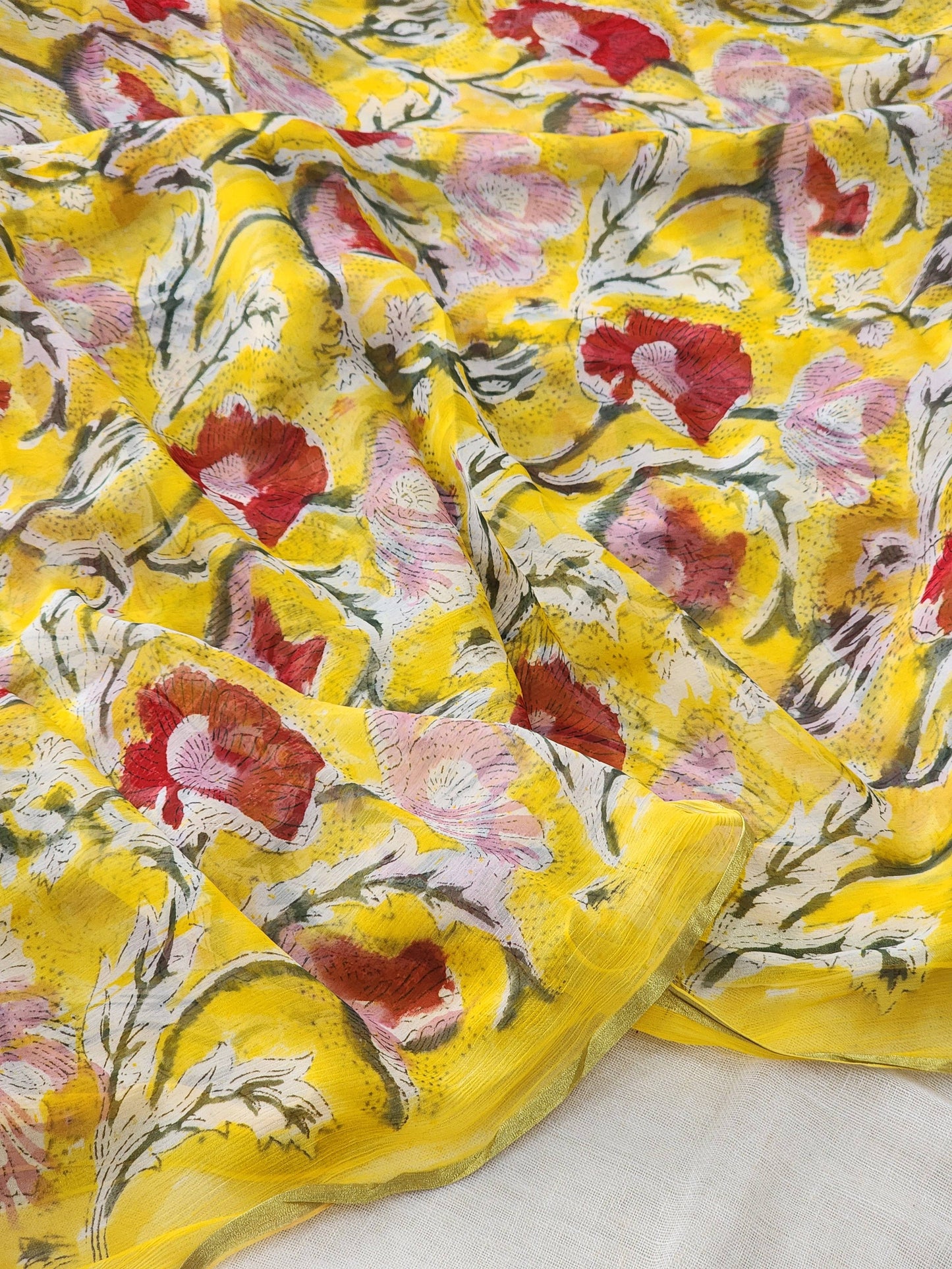 Yellow Chiffon Handblock Saree