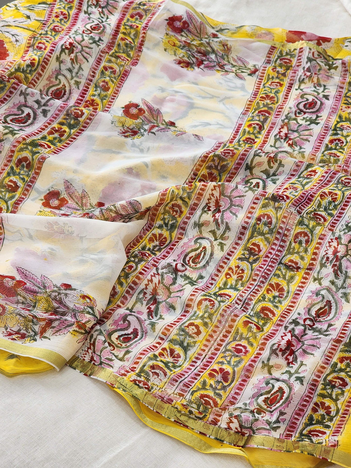 Yellow Chiffon Handblock Saree