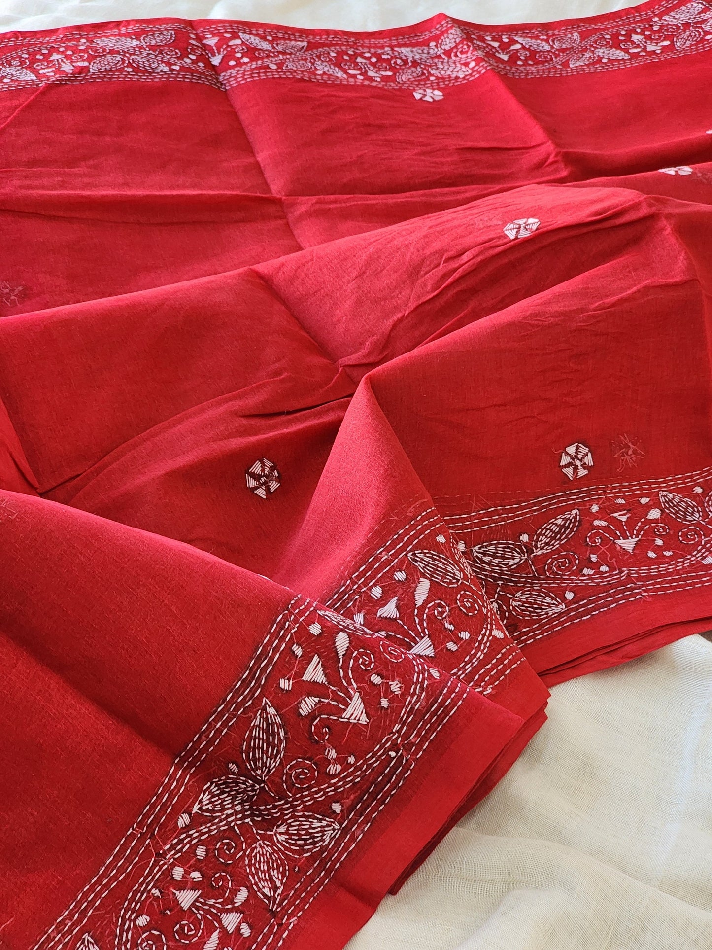 Red Kantha Cotton Saree