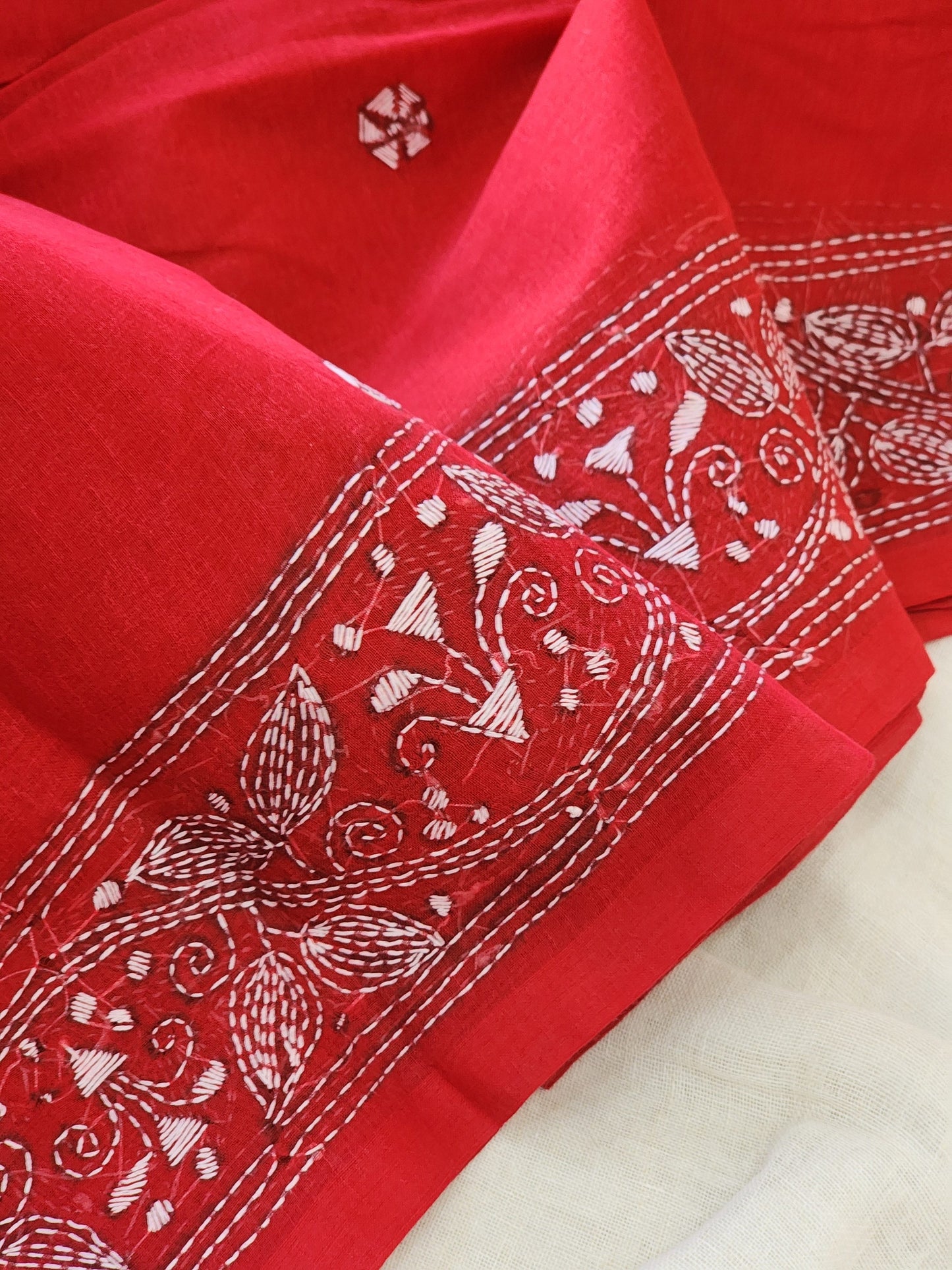 Red Kantha Cotton Saree