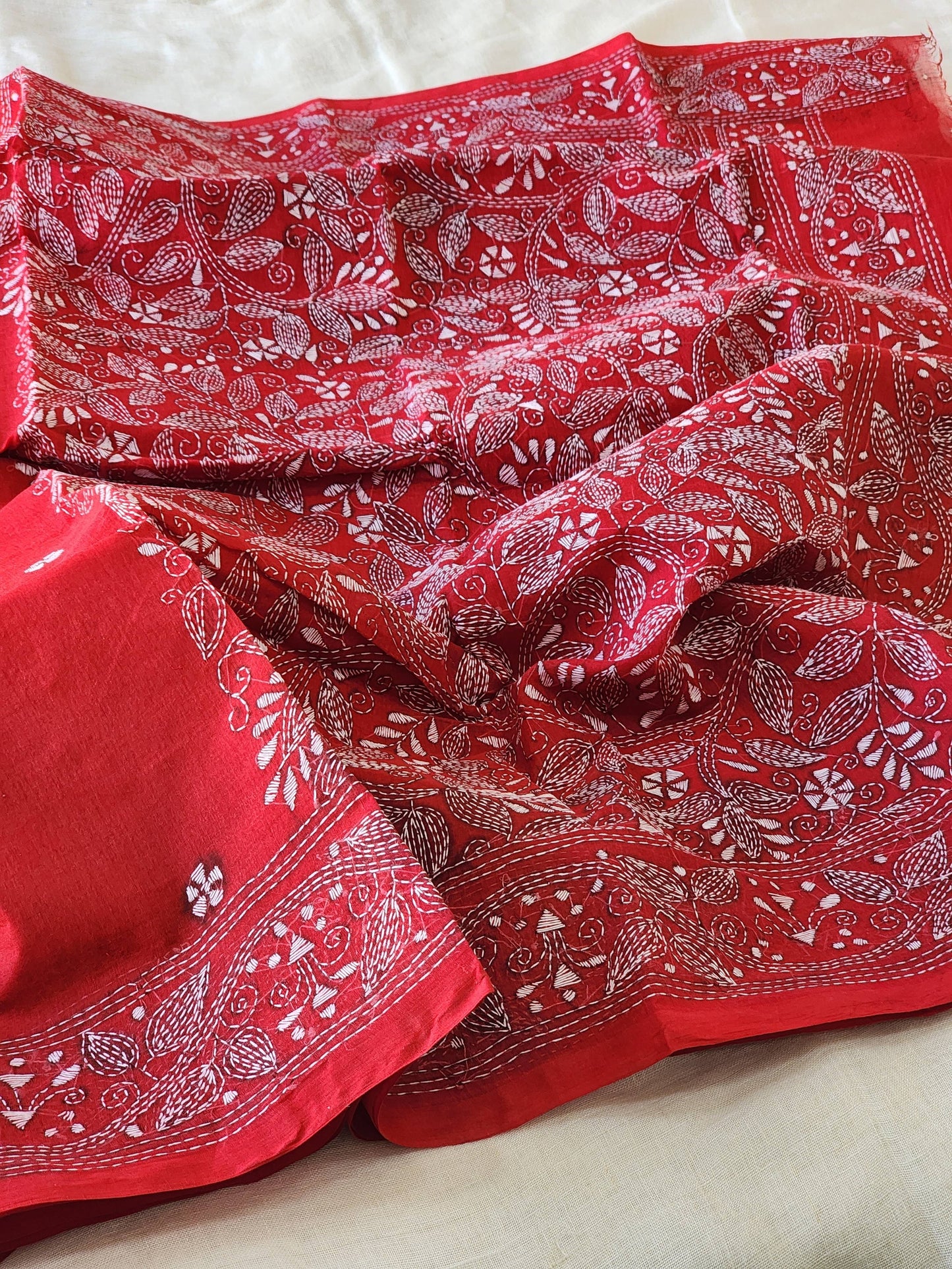 Red Kantha Cotton Saree