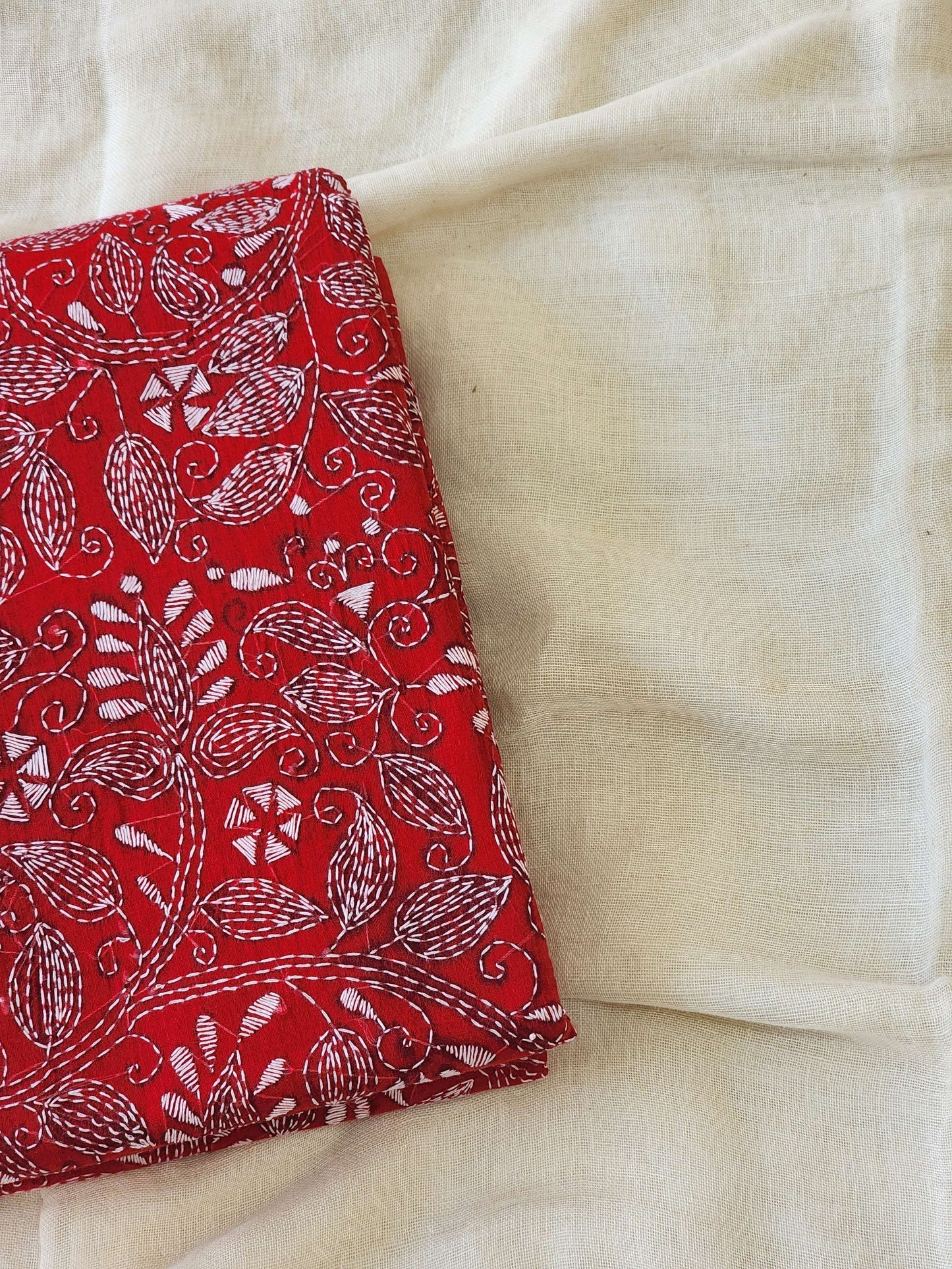 Red Kantha Cotton Saree
