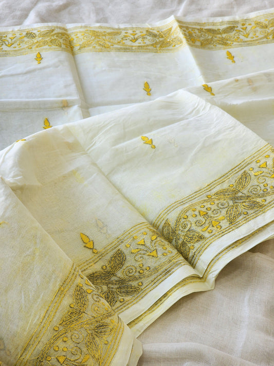 Cream Kantha Cotton Saree