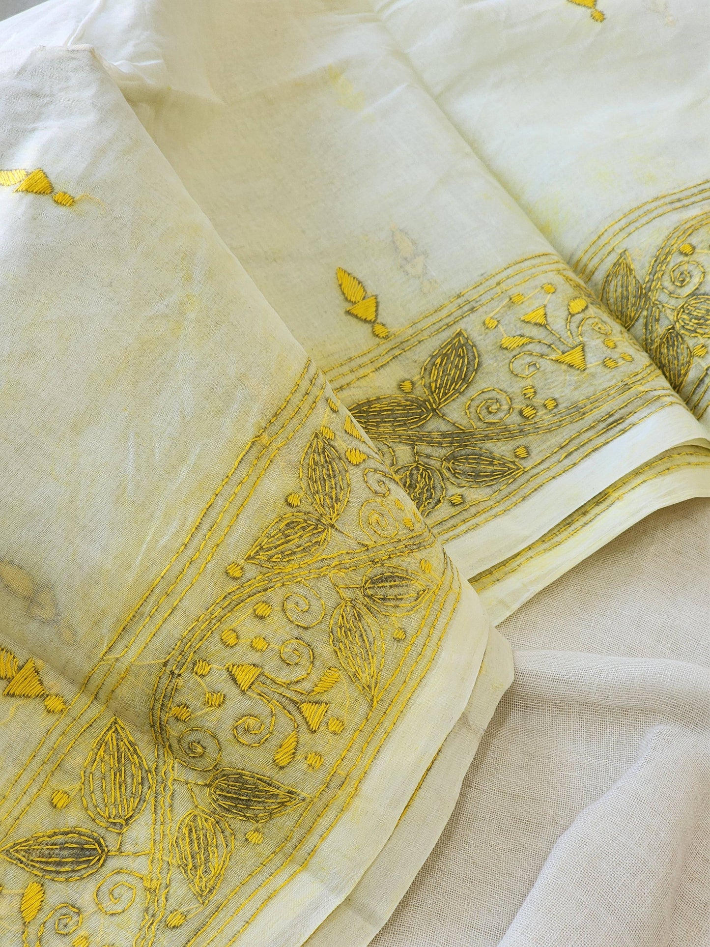 Cream Kantha Cotton Saree