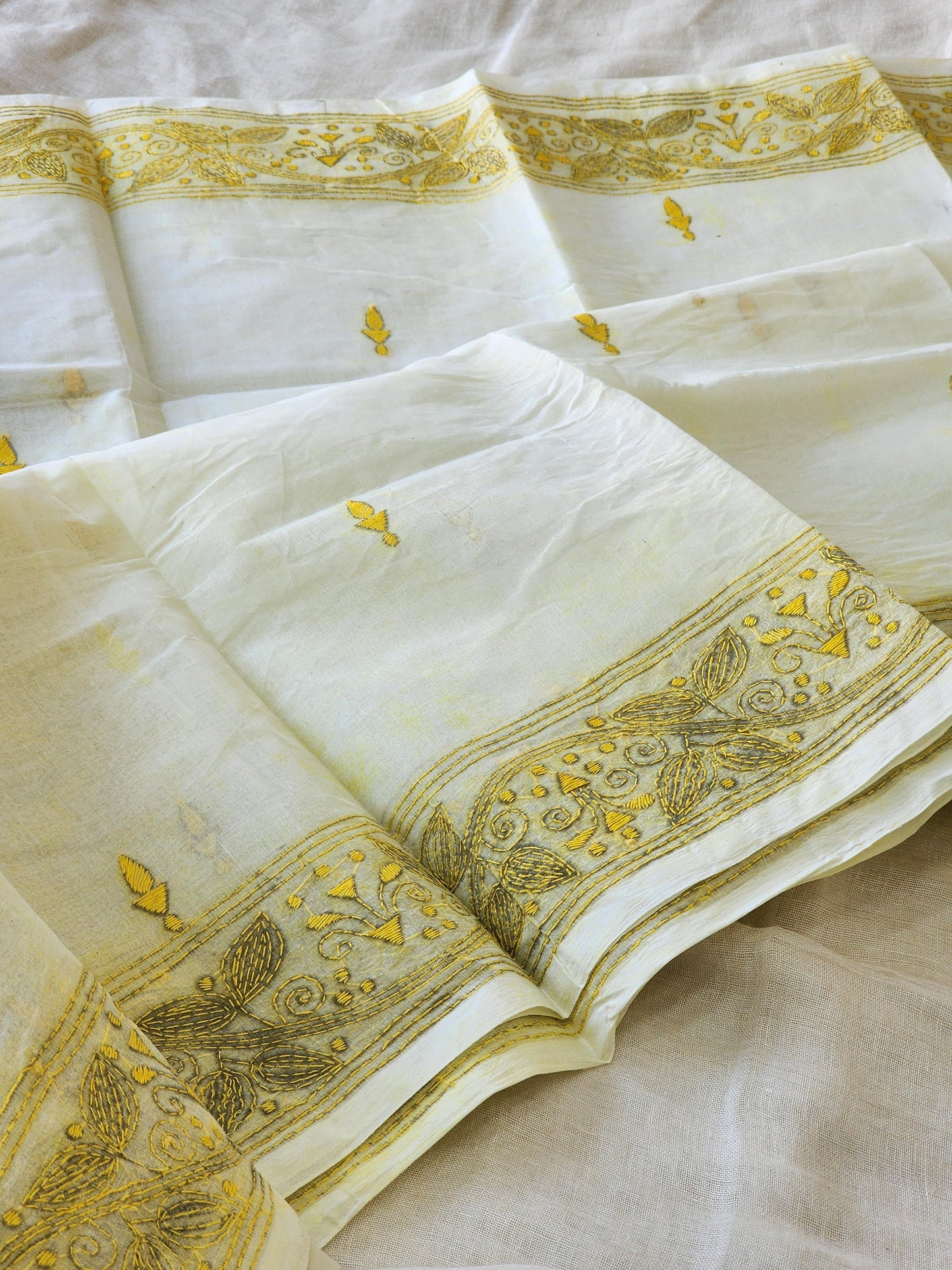 Cream Kantha Cotton Saree