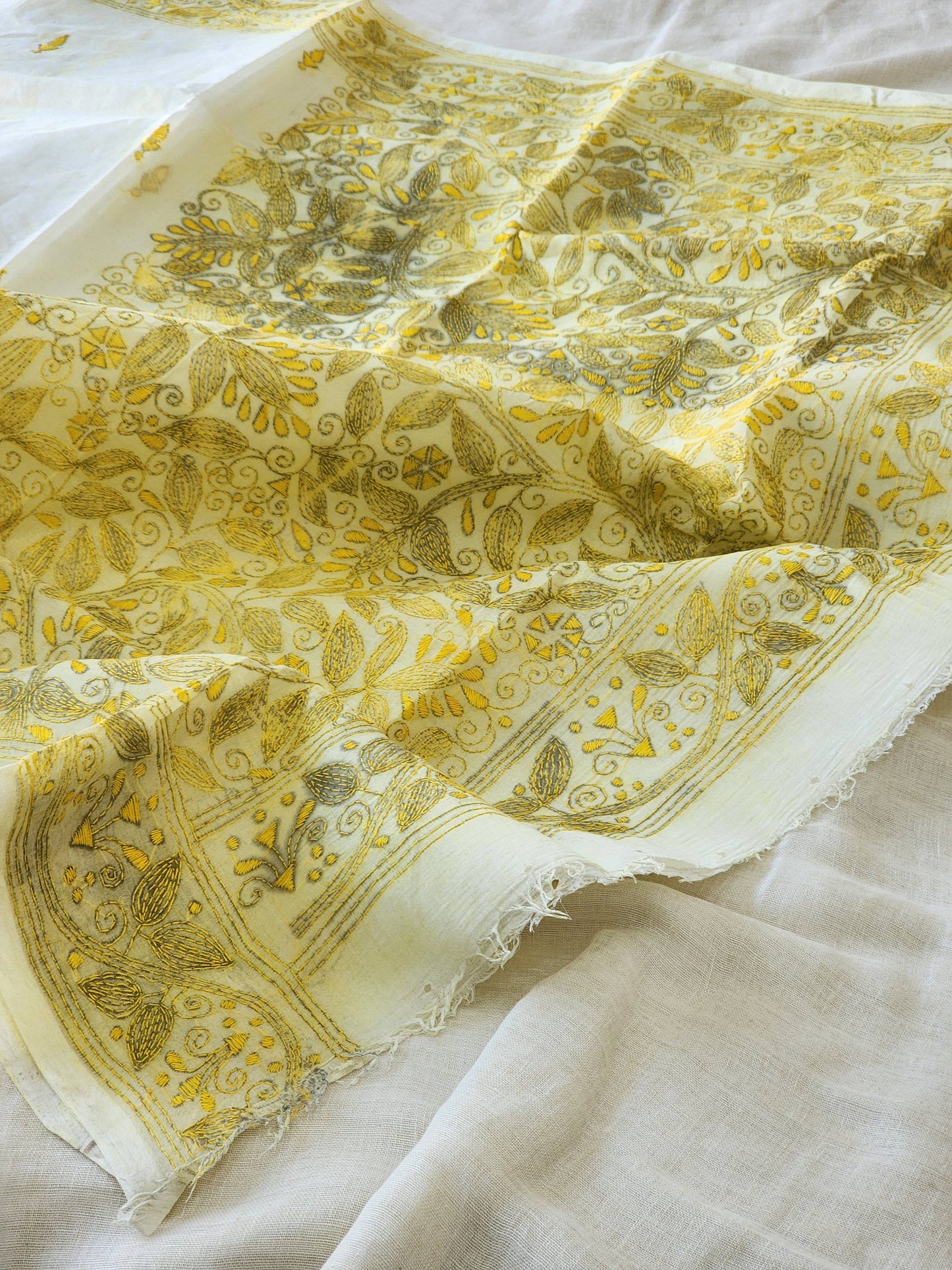 Cream Kantha Cotton Saree