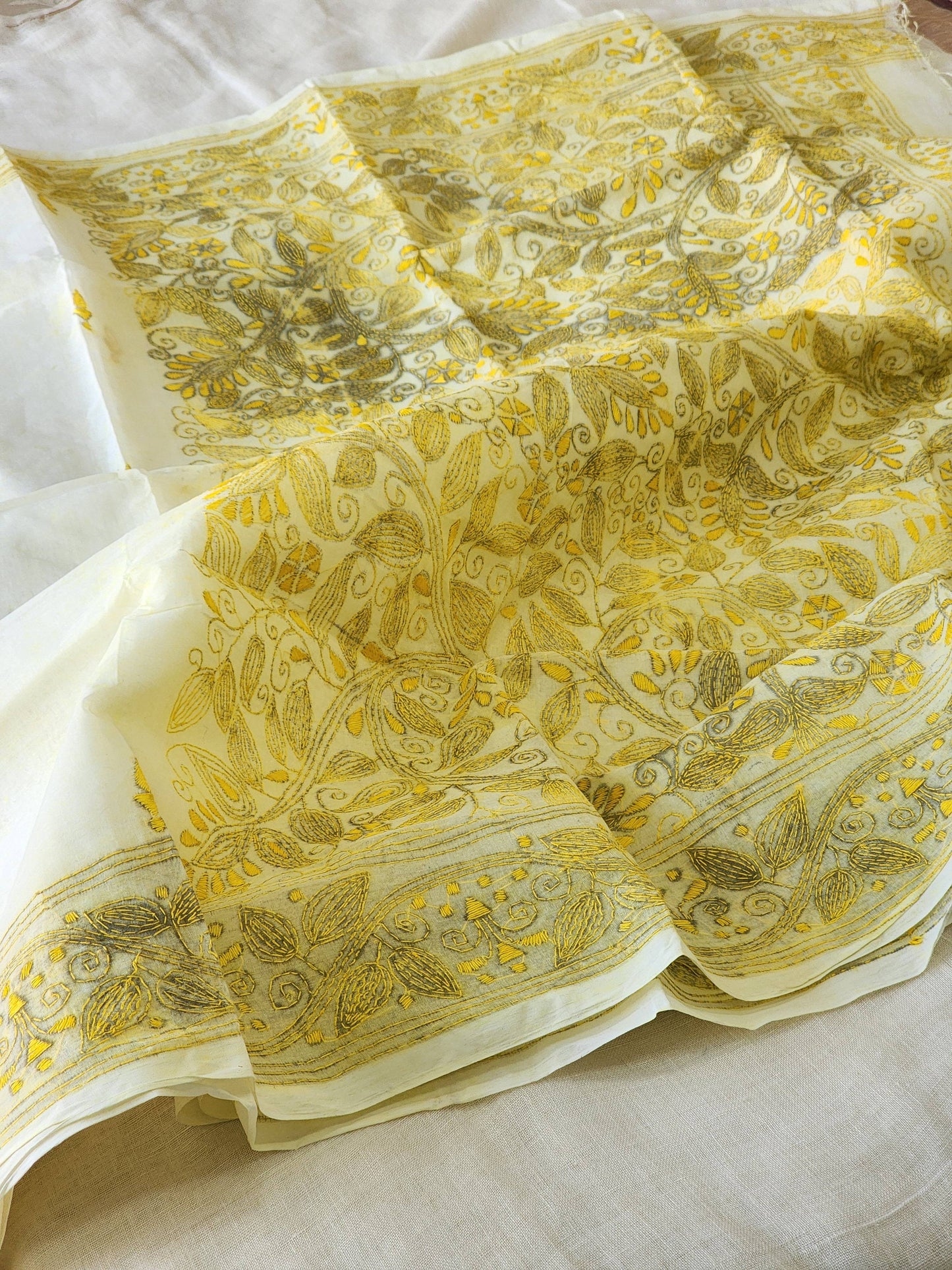 Cream Kantha Cotton Saree