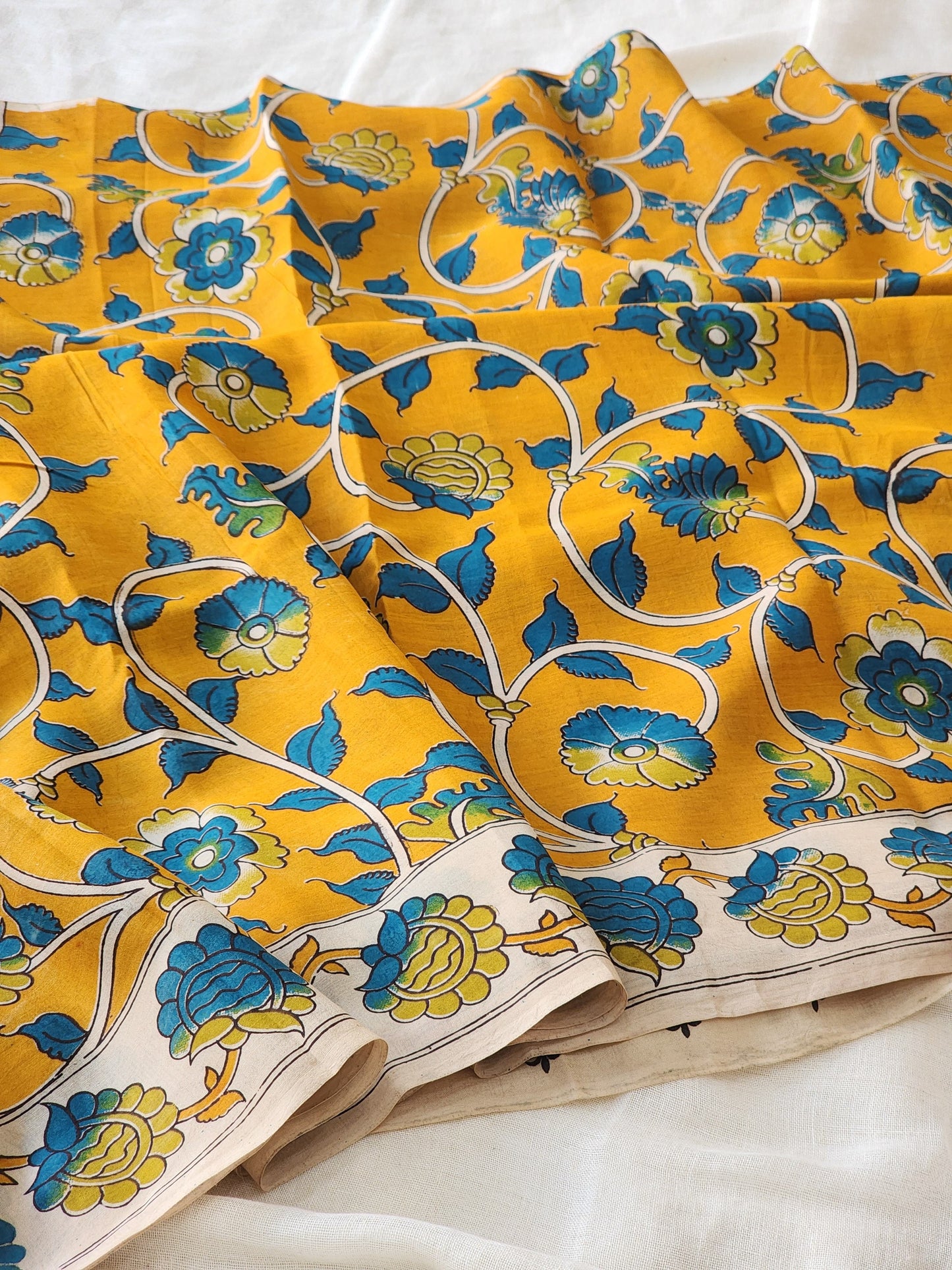 Mustard Kalamkari Silk Saree