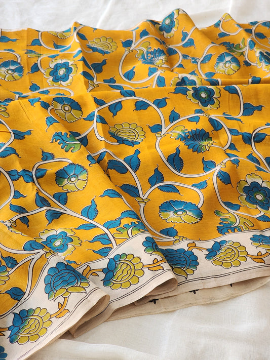 Mustard Kalamkari Silk Saree