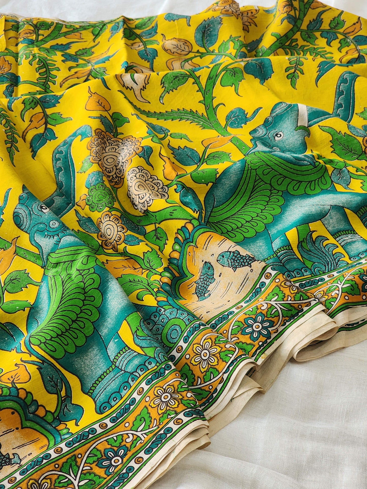 Yellow Kalamkari Silk Saree