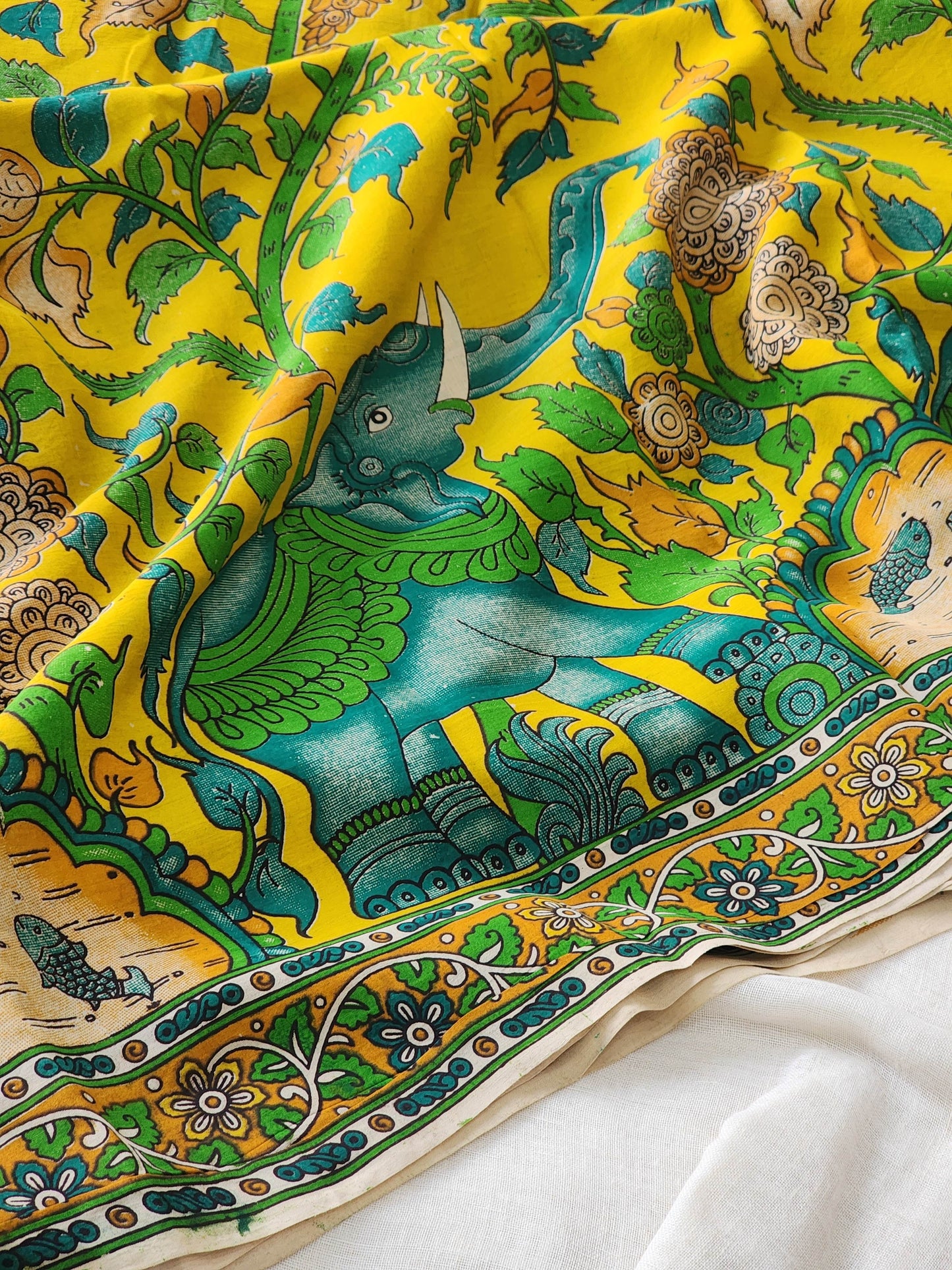 Yellow Kalamkari Silk Saree