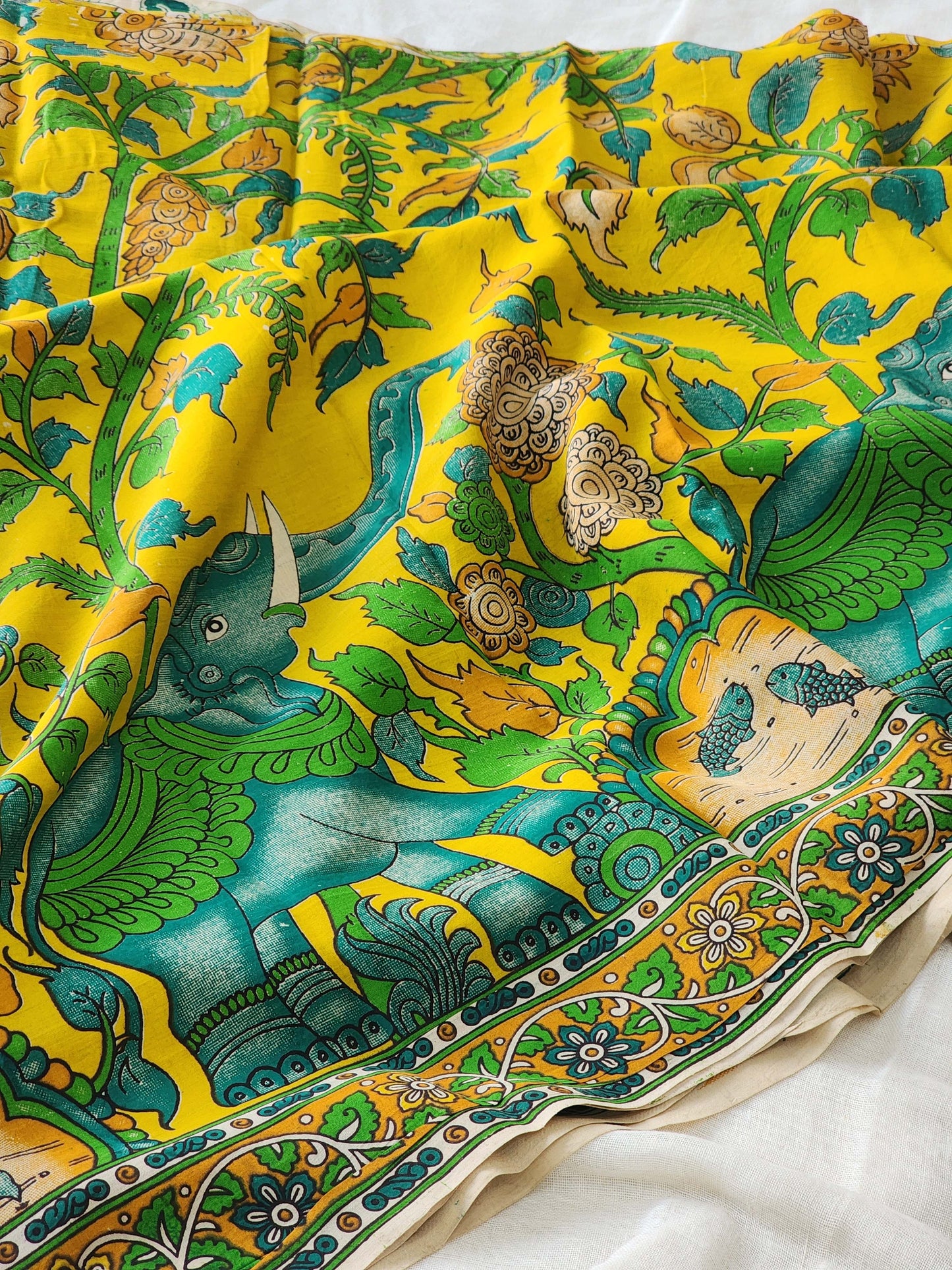 Yellow Kalamkari Silk Saree