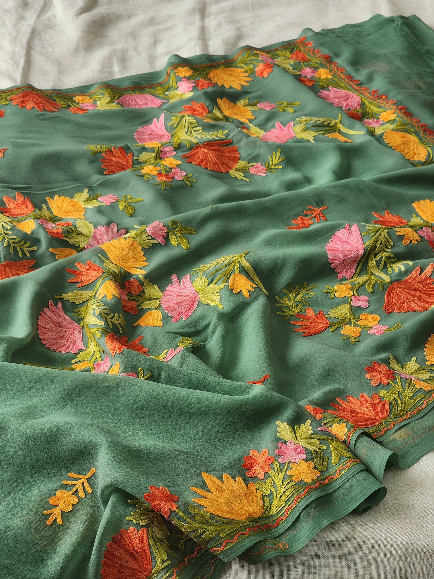 Green Georgette Kashmiri Woven Saree