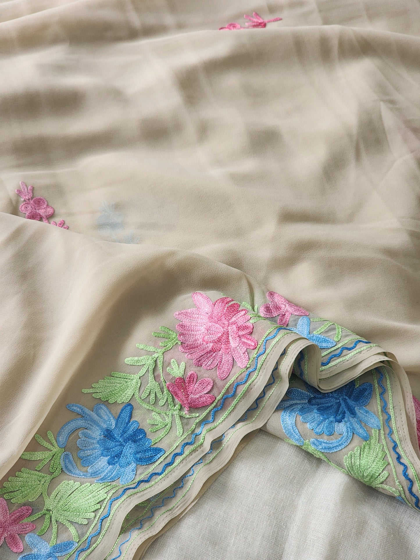 Beige Georgette Kashmiri Woven Saree