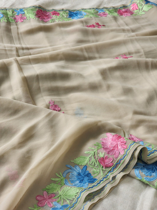 Beige Georgette Kashmiri Woven Saree