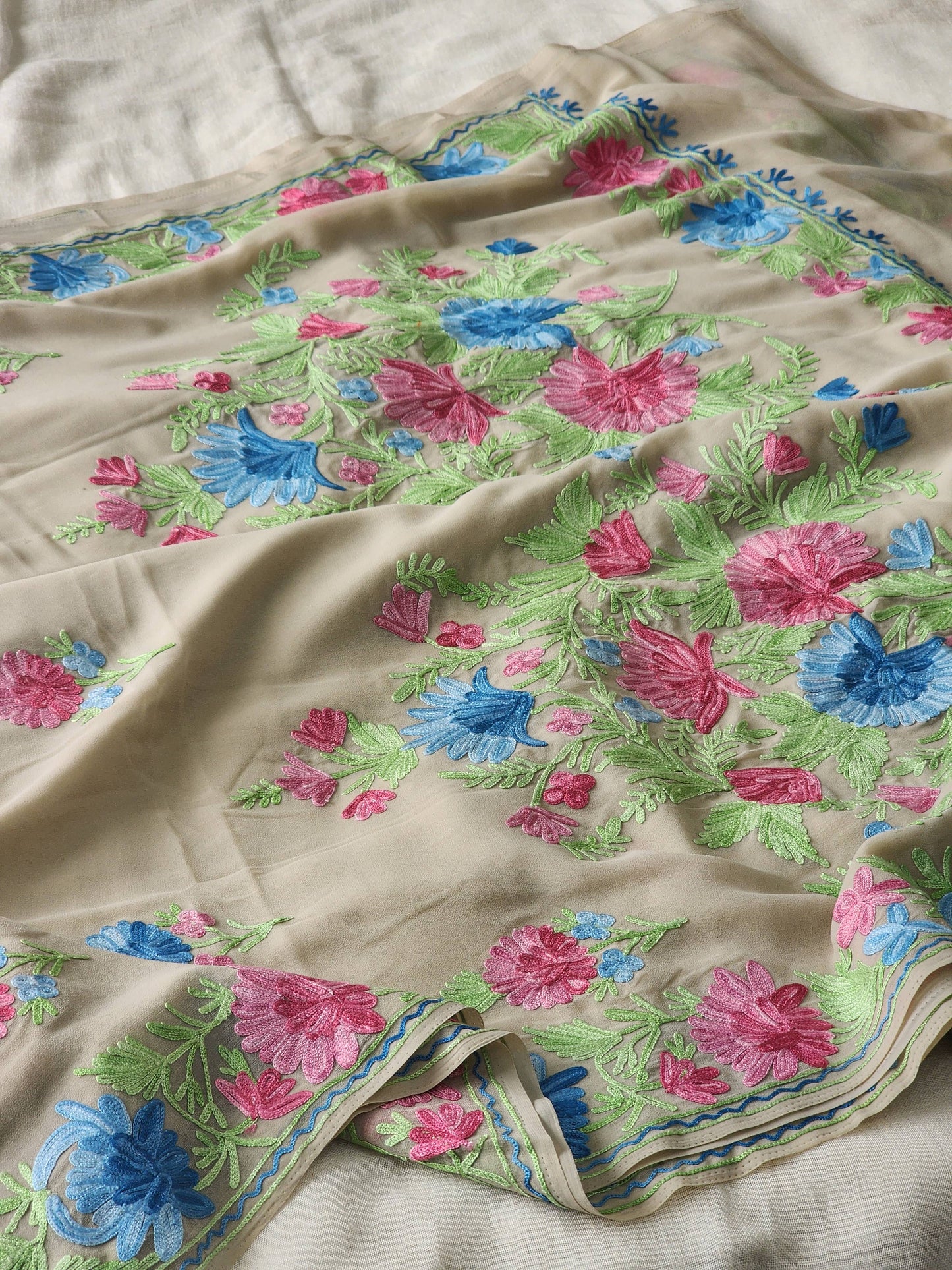Beige Georgette Kashmiri Woven Saree