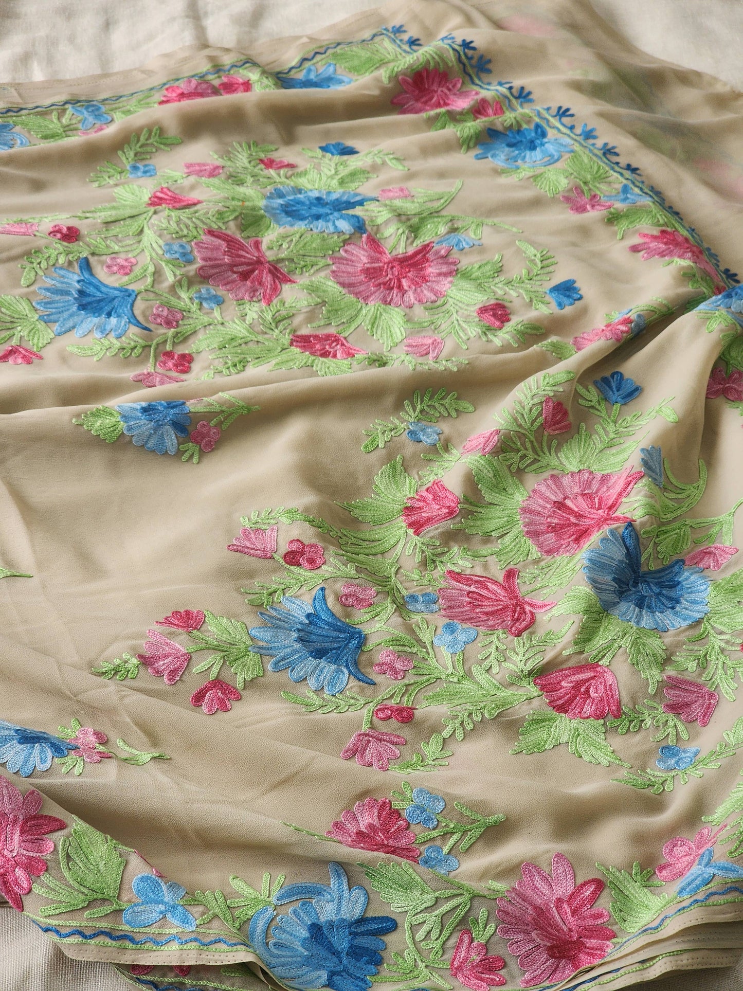 Beige Georgette Kashmiri Woven Saree