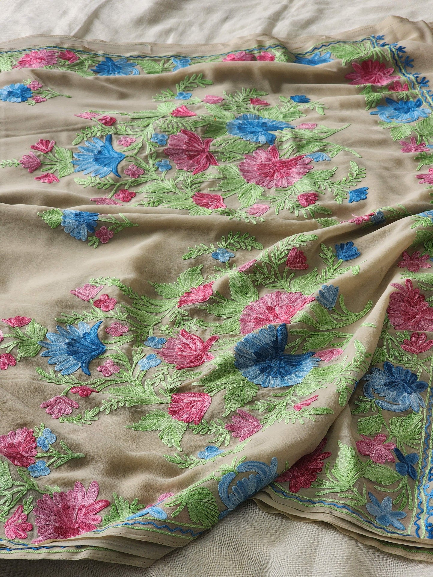 Beige Georgette Kashmiri Woven Saree