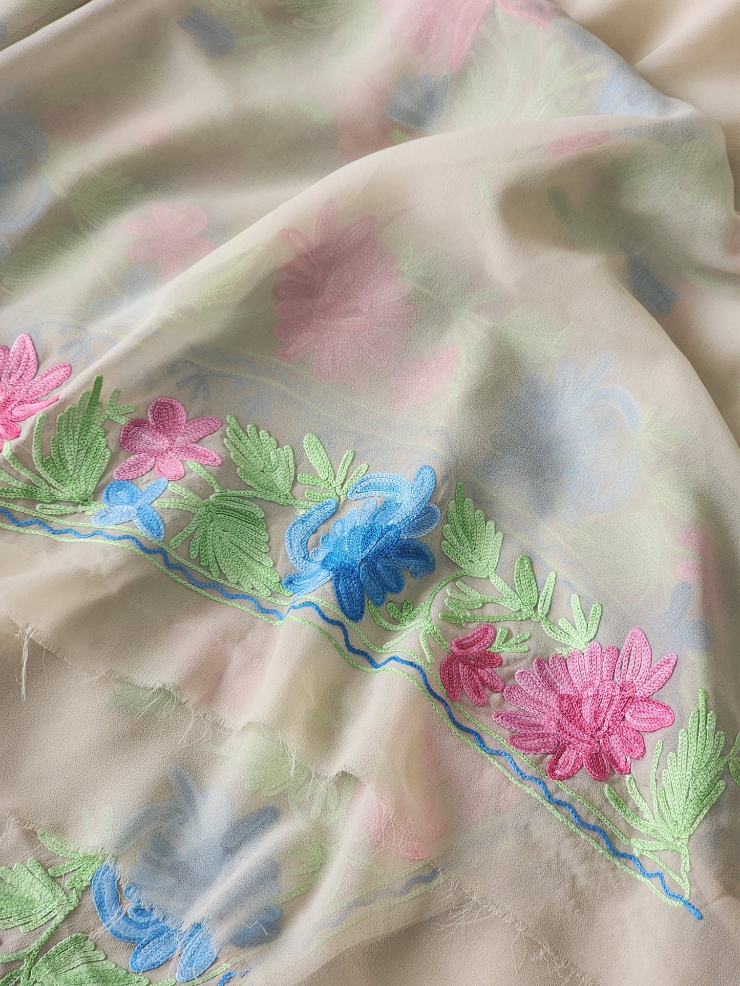 Beige Georgette Kashmiri Woven Saree