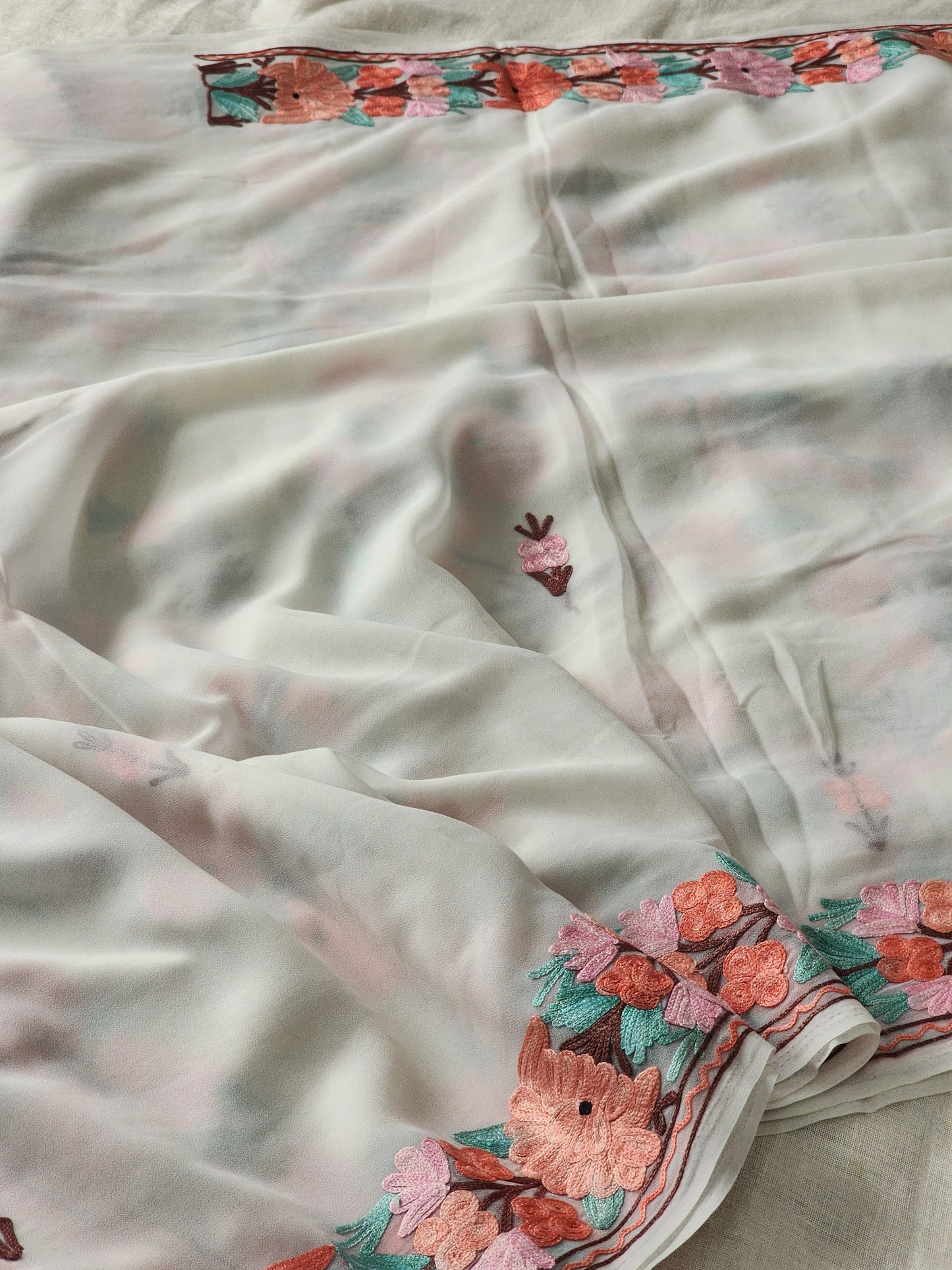White Georgette Kashmiri Woven Saree