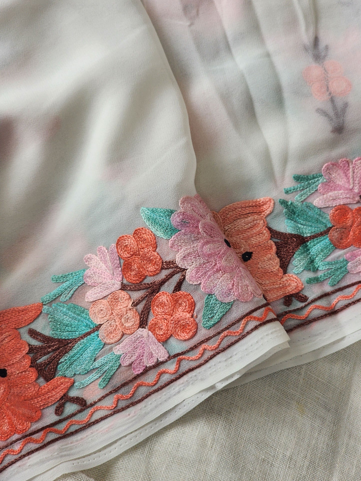 White Georgette Kashmiri Woven Saree