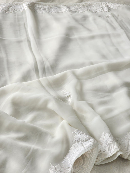 White Georgette Kashmiri Woven Saree