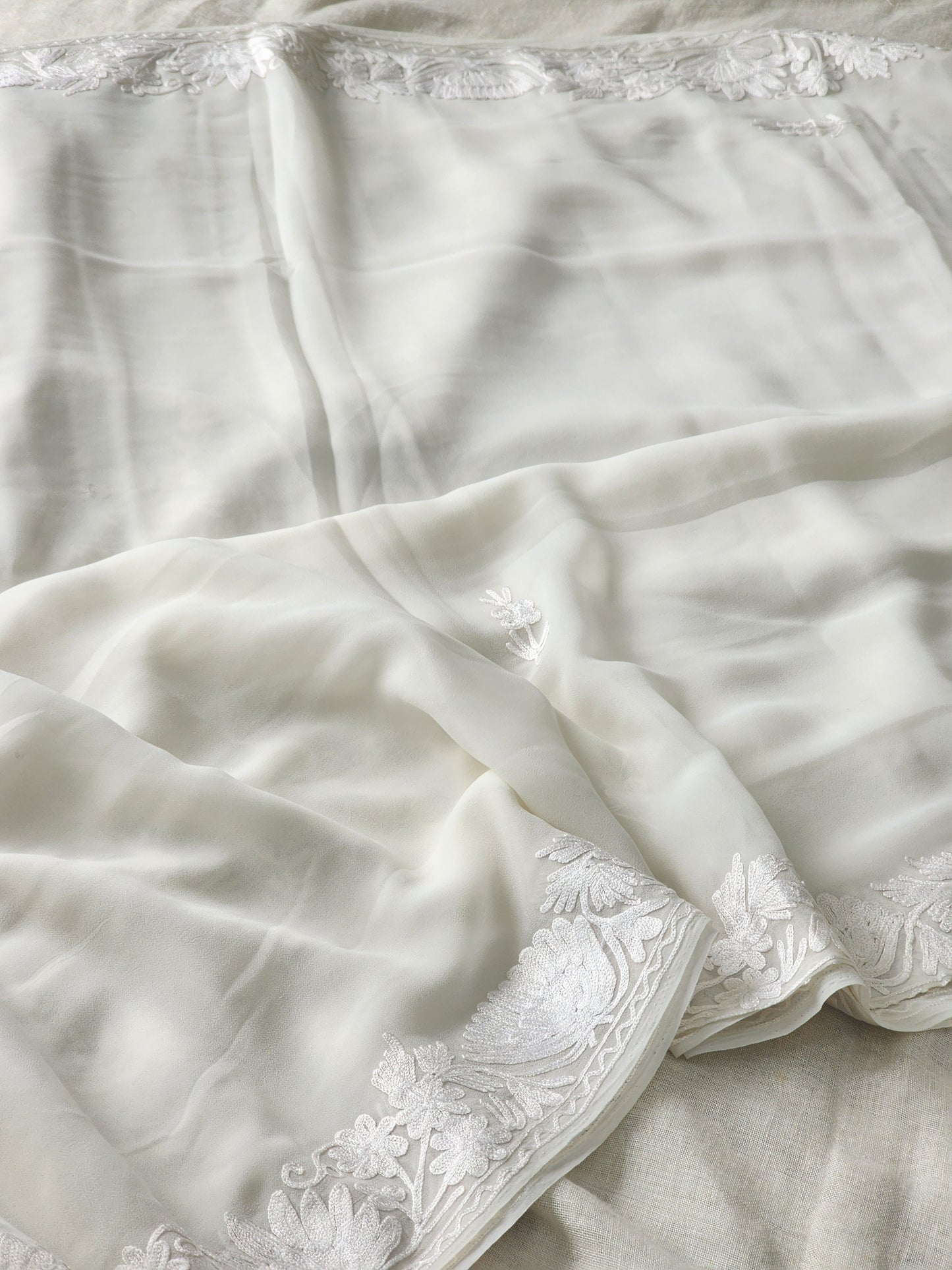 White Georgette Kashmiri Woven Saree