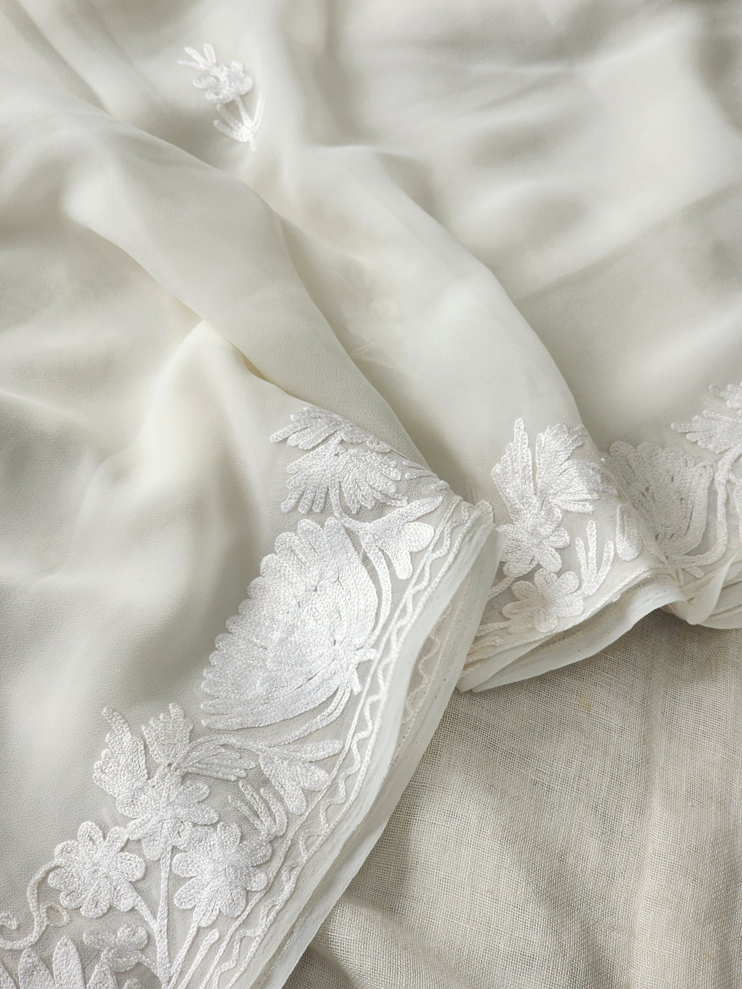 White Georgette Kashmiri Woven Saree