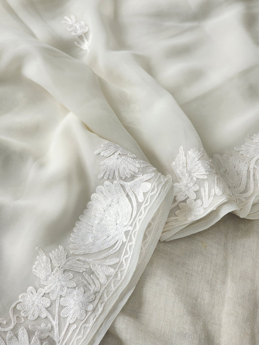 White Georgette Kashmiri Woven Saree