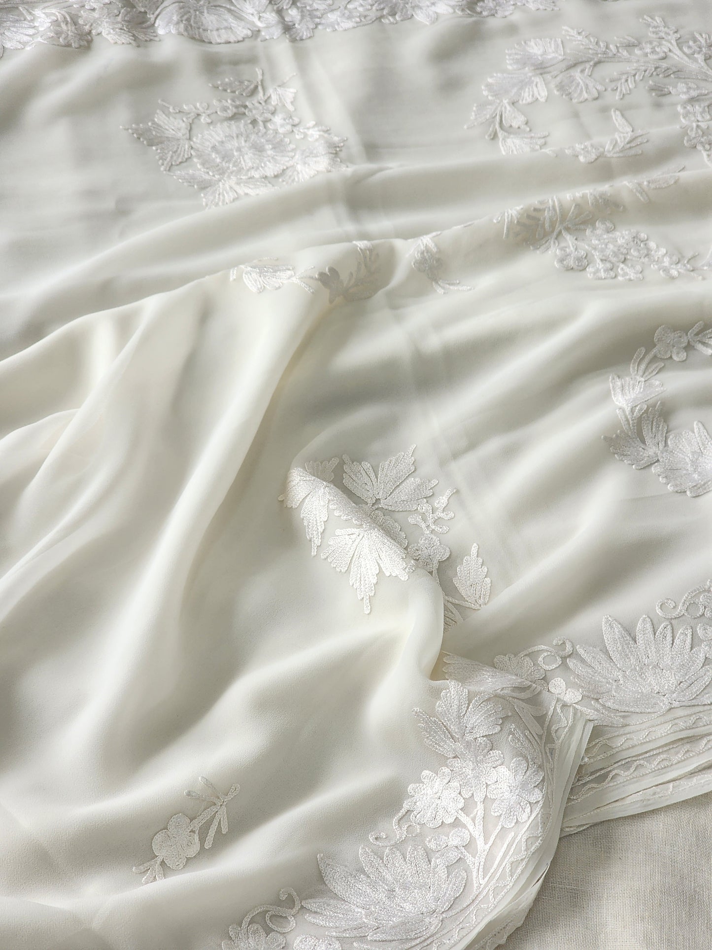 White Georgette Kashmiri Woven Saree