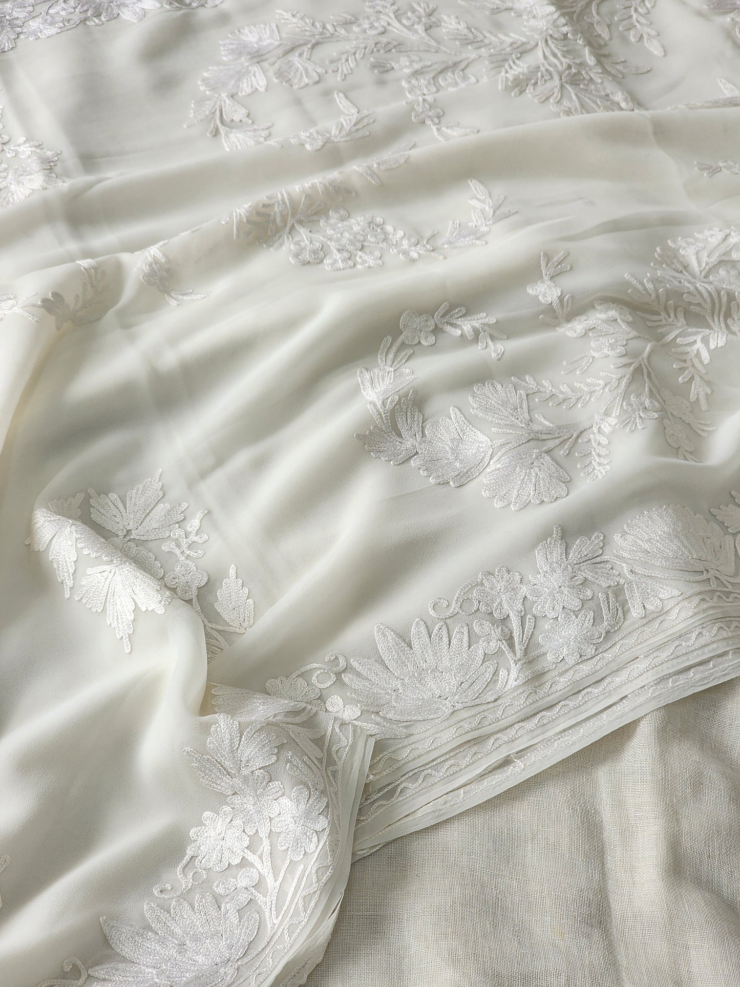 White Georgette Kashmiri Woven Saree