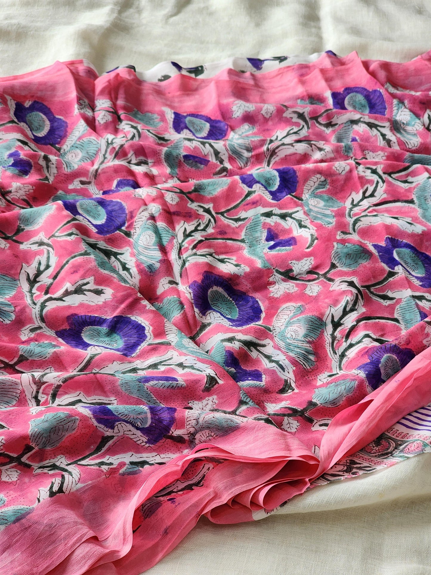 Pink Georgette Handblock Saree