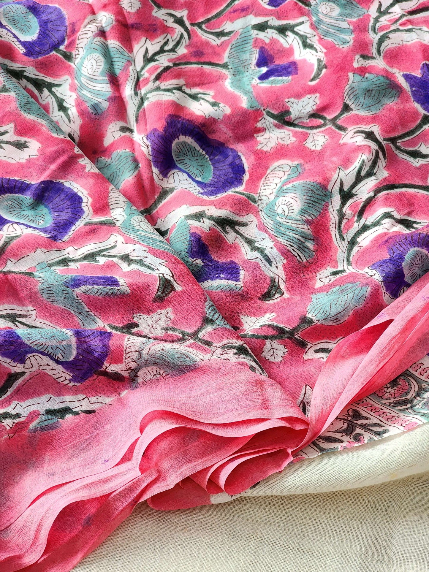 Pink Georgette Handblock Saree