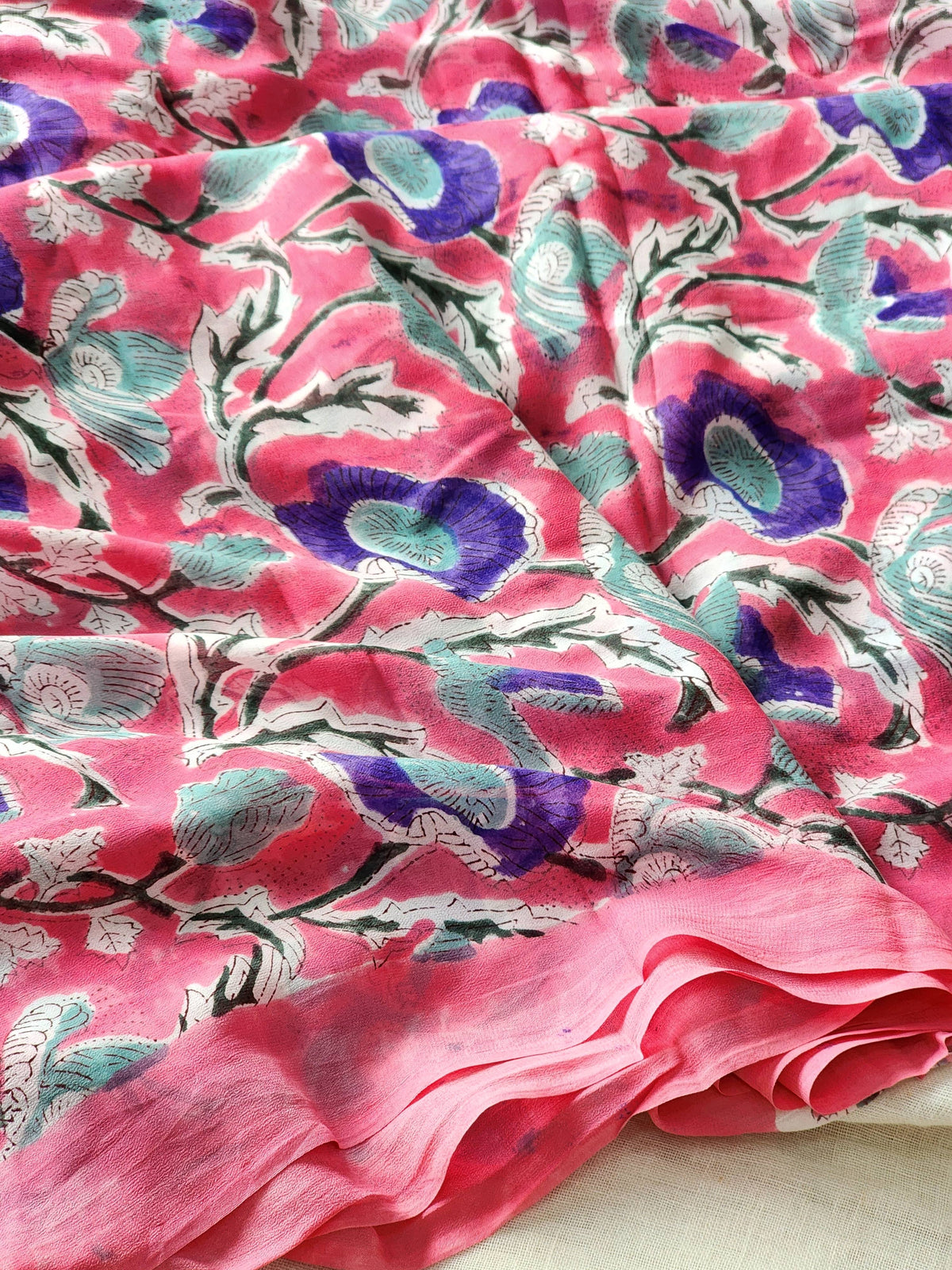 Pink Georgette Handblock Saree
