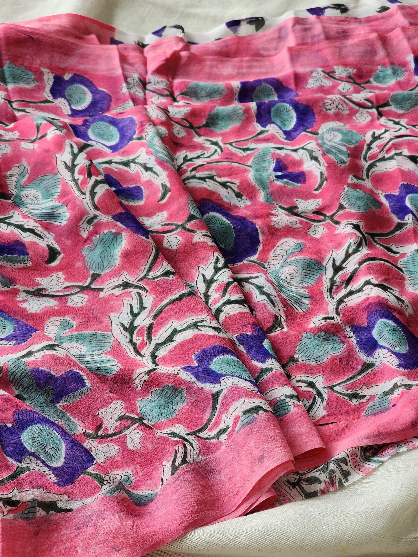 Pink Georgette Handblock Saree