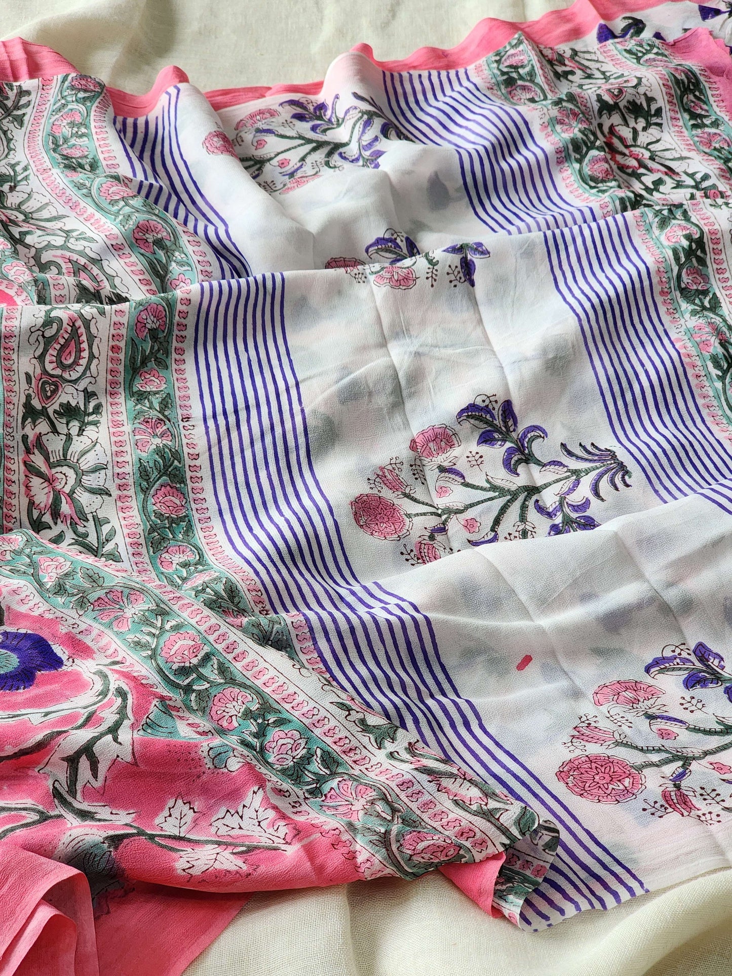 Pink Georgette Handblock Saree