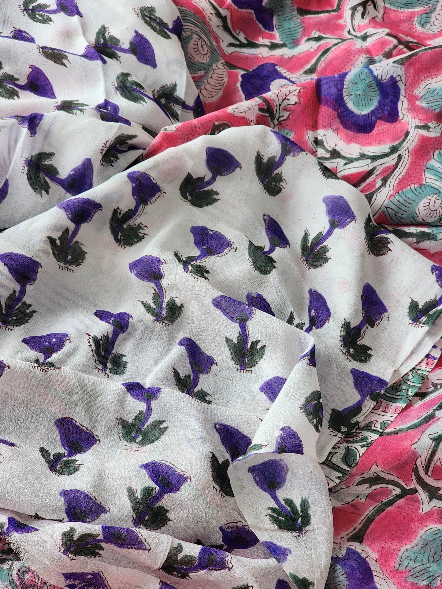 Pink Georgette Handblock Saree
