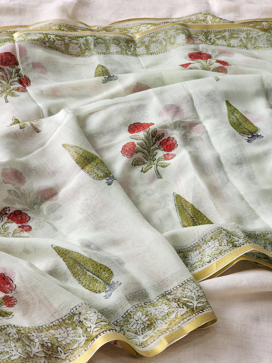 White Chiffon Handblock Saree