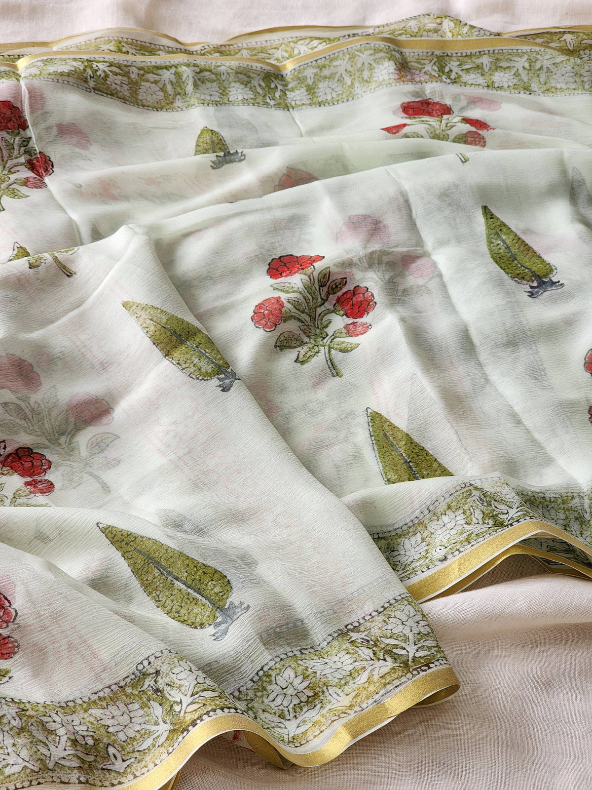 White Chiffon Handblock Saree