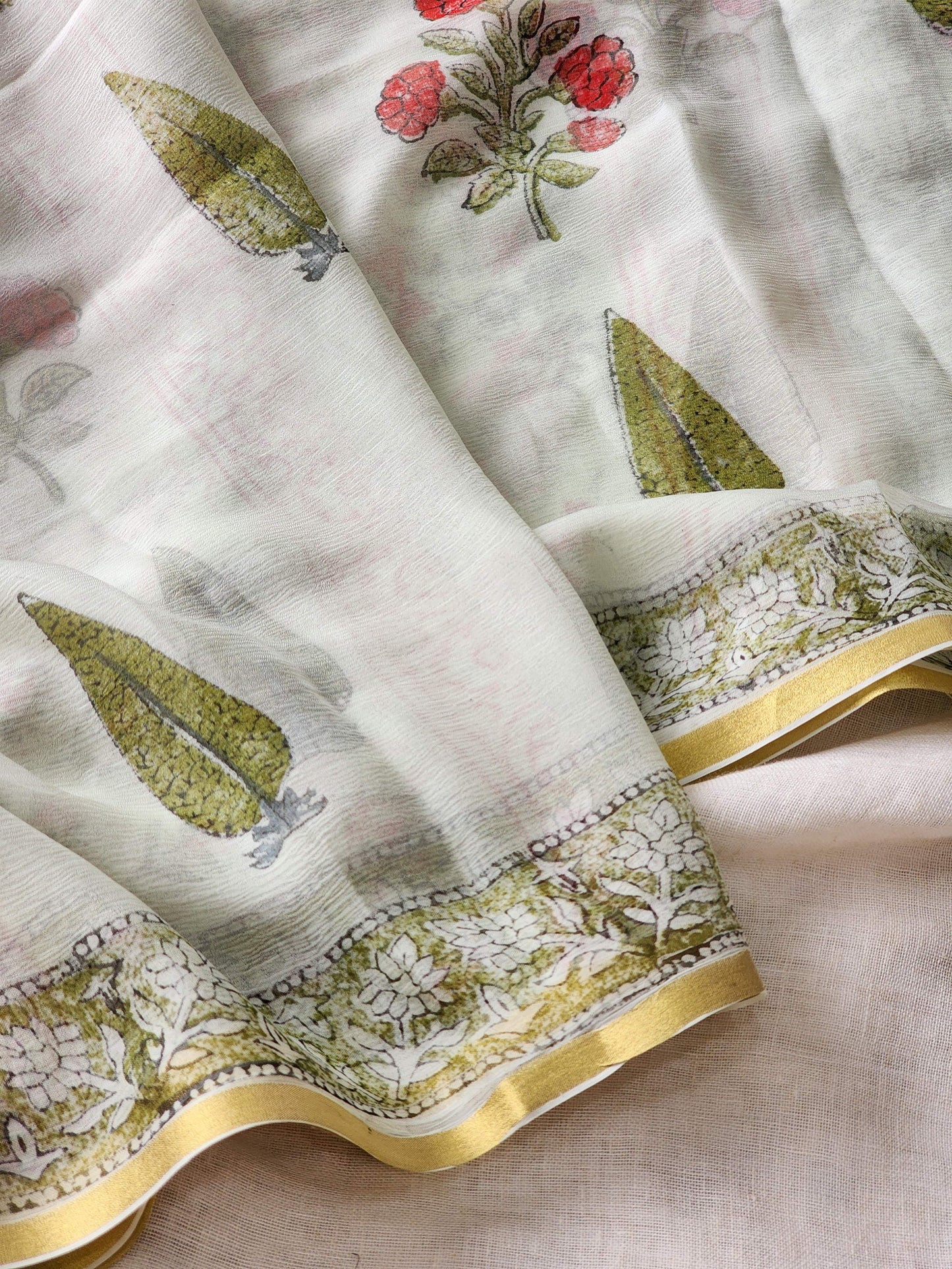 White Chiffon Handblock Saree