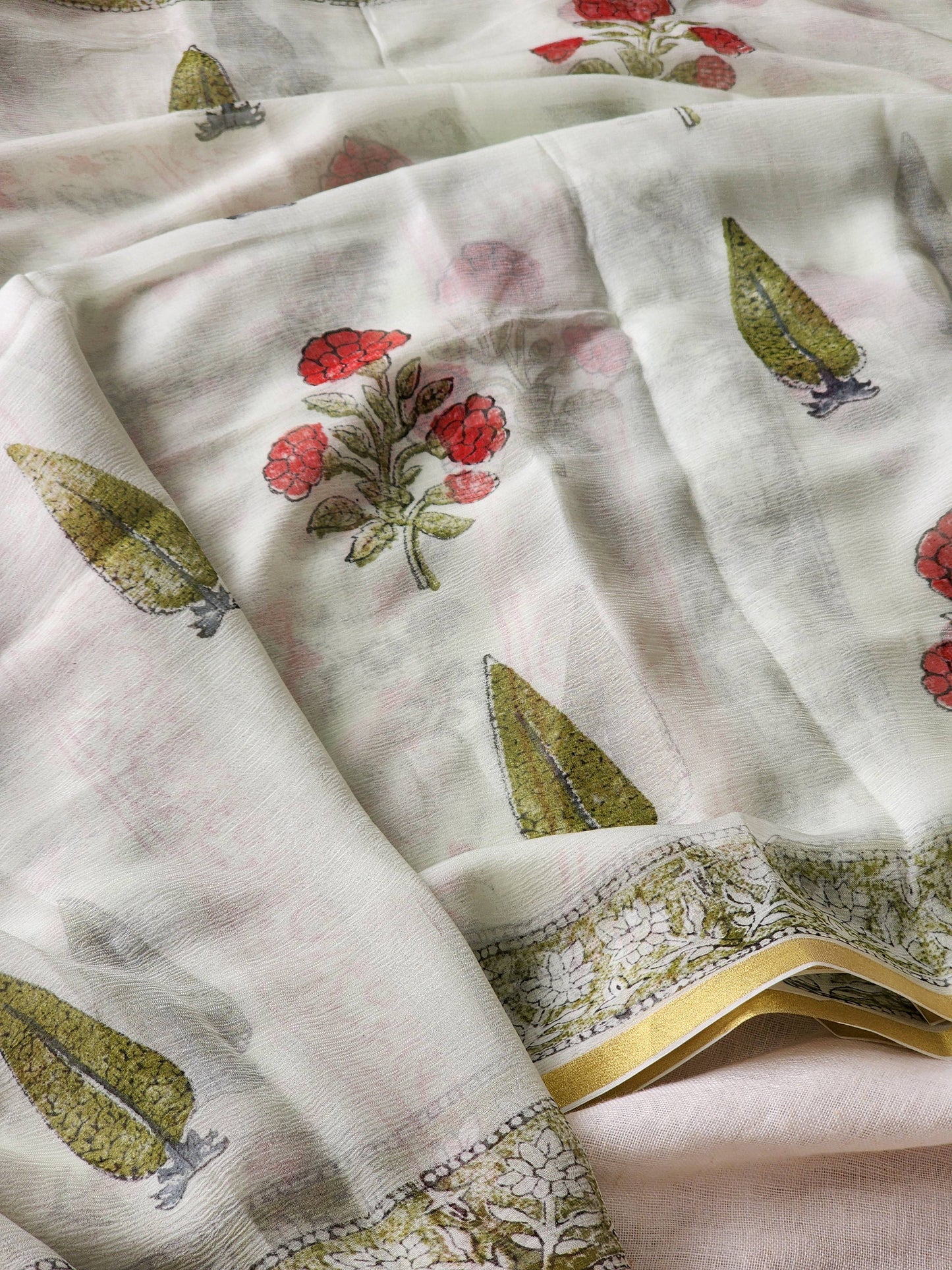 White Chiffon Handblock Saree