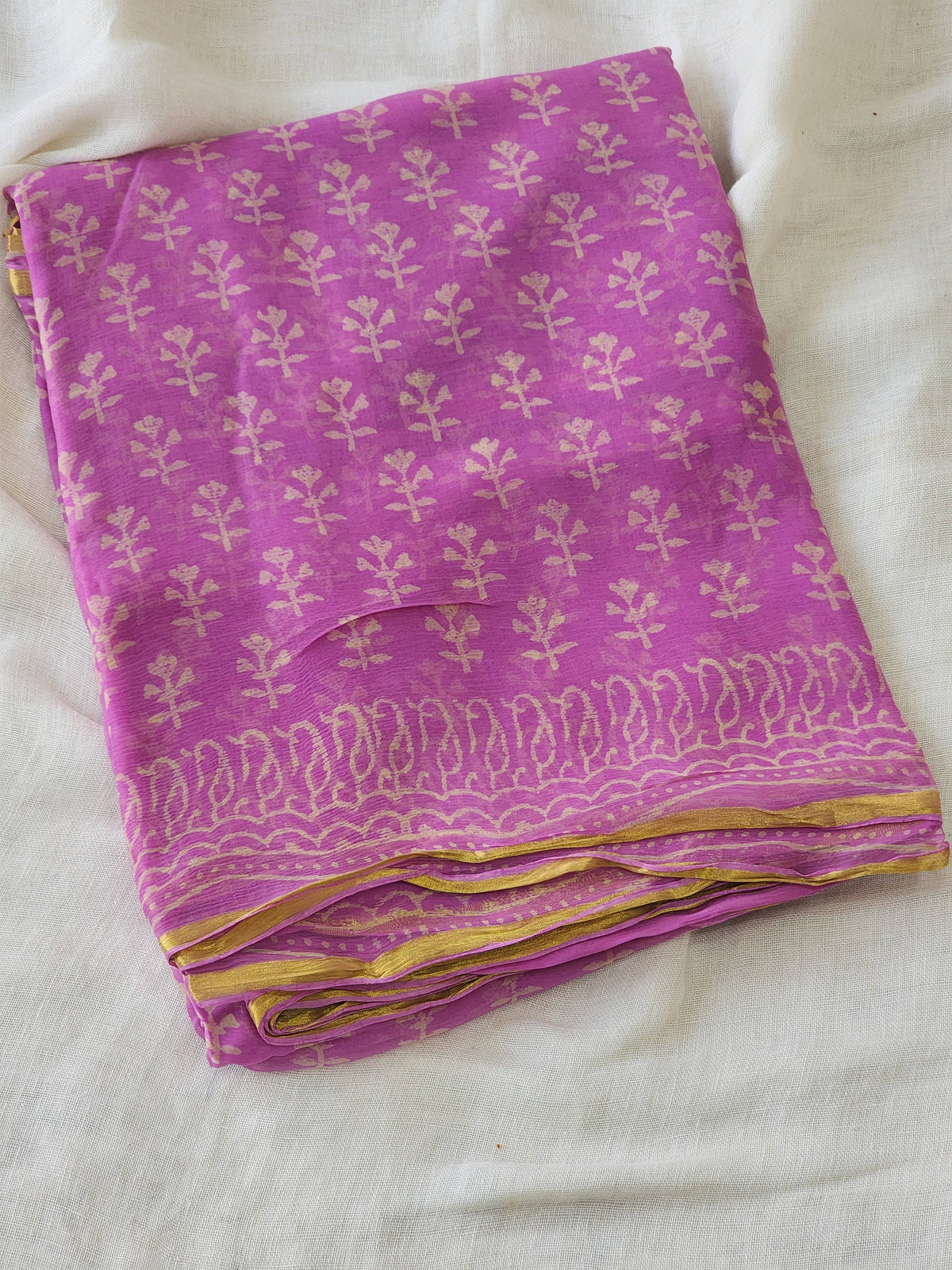 Purple Pink Chiffon Handblock Saree