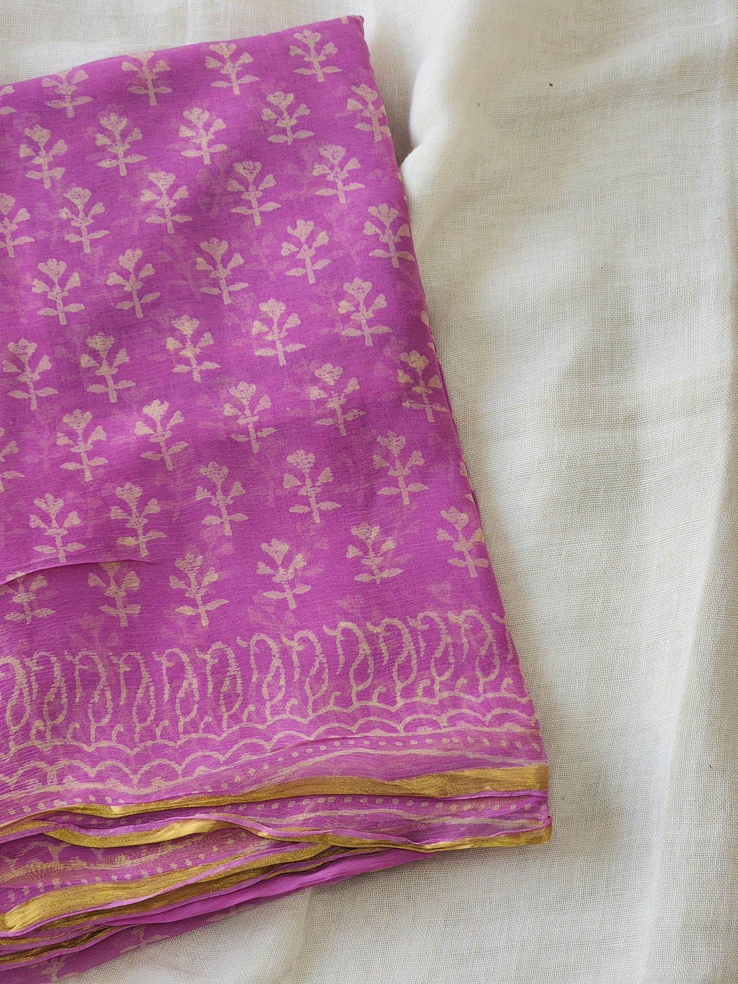 Purple Pink Chiffon Handblock Saree