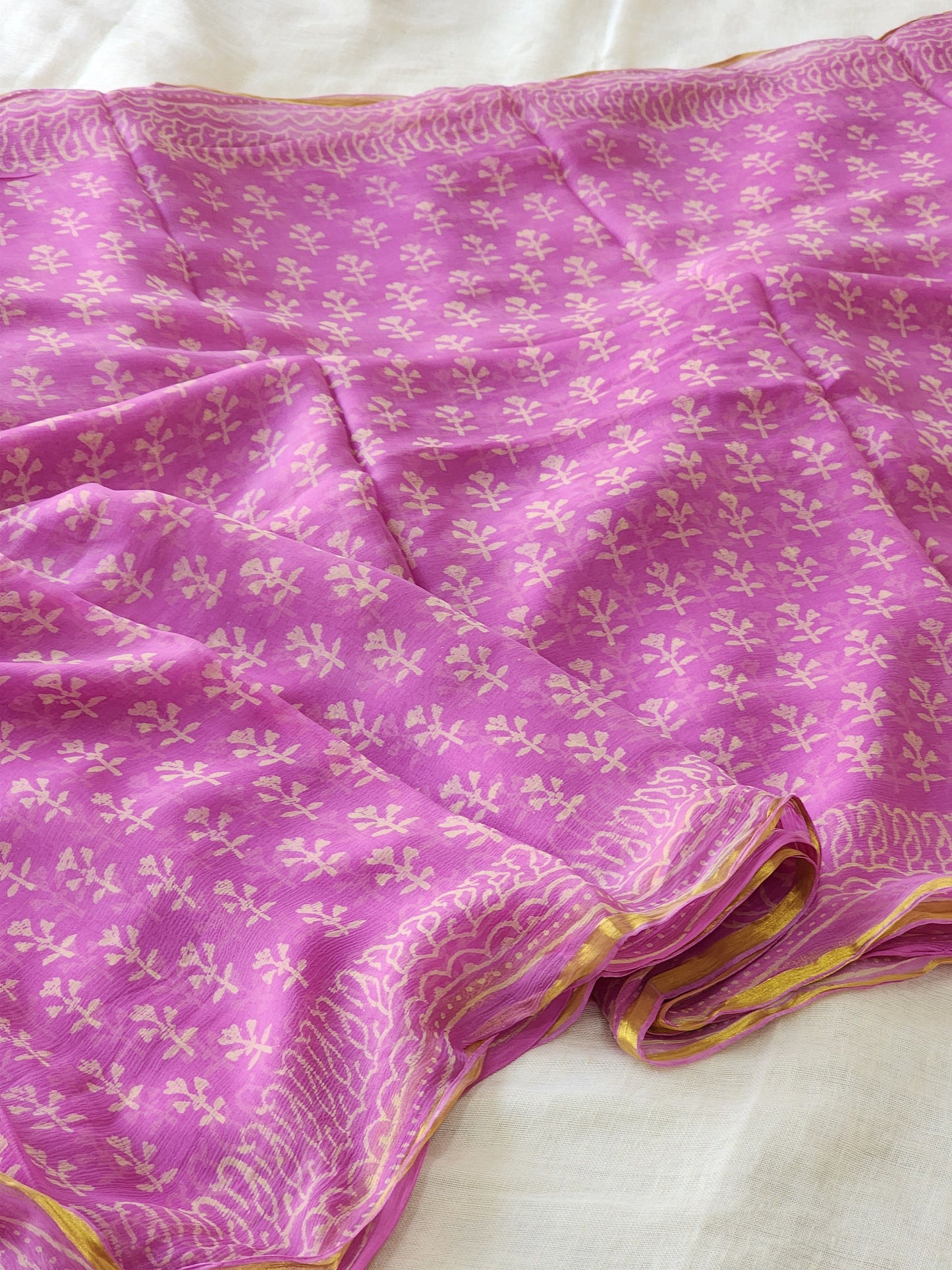 Purple Pink Chiffon Handblock Saree